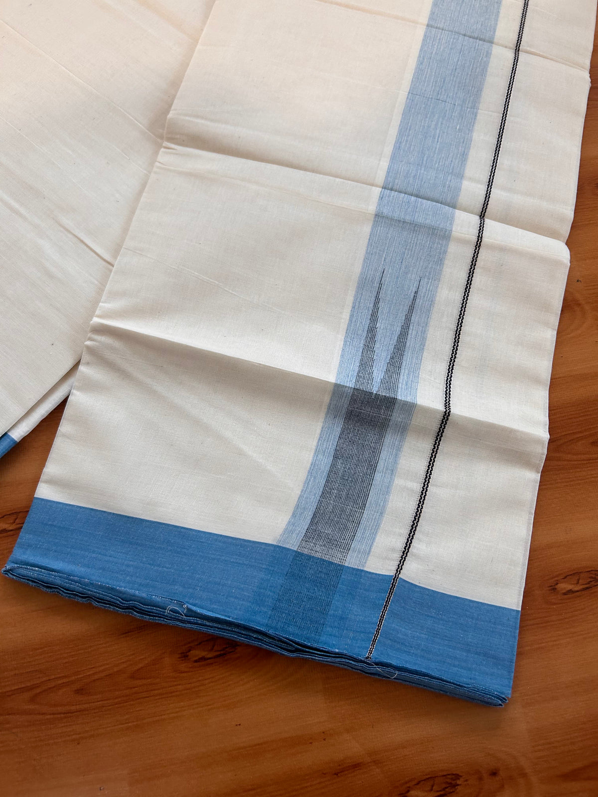 Double off white (Unbleached) Mund/Dhoti - 20% Discount! KaithariKada Pulimood Pure Cotton - 100X80 - 1.5 inch Silver kasav cerulean Blue & Black Shades Striped chutty 4 m (8.5 Muzham) - 2 KK5537 VAS