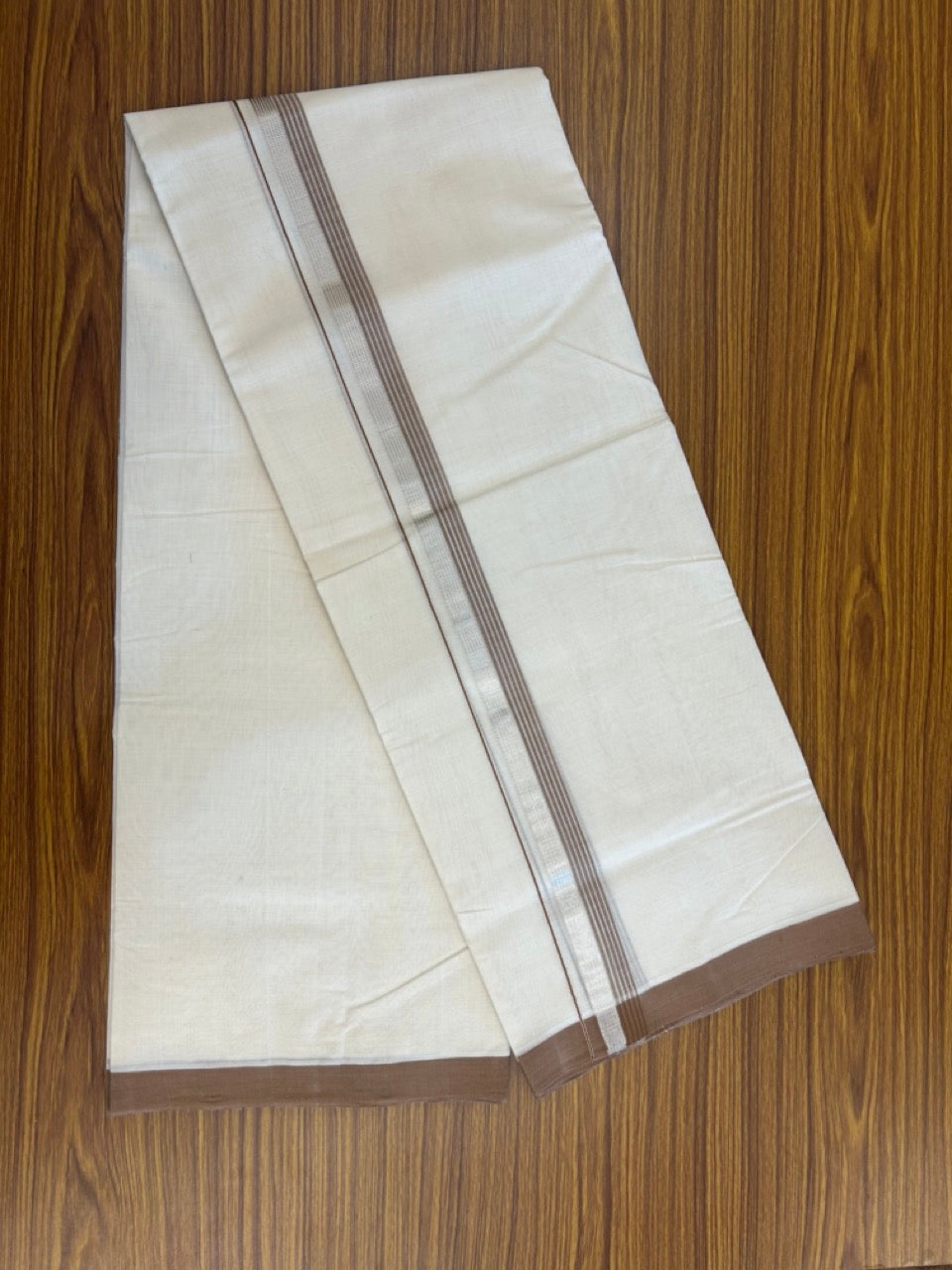 25% Discount ! KaithariKada Handloom Millpaav Balaramapuram - 100% PURE Cotton OFF White (Unbleached) Double Mundu/Dothi - 80x90 - 1.5 inch Silver Kasav & Brown Striped Kara 4 Meters (8.5 Muzham) - 19 KK5256 RAM