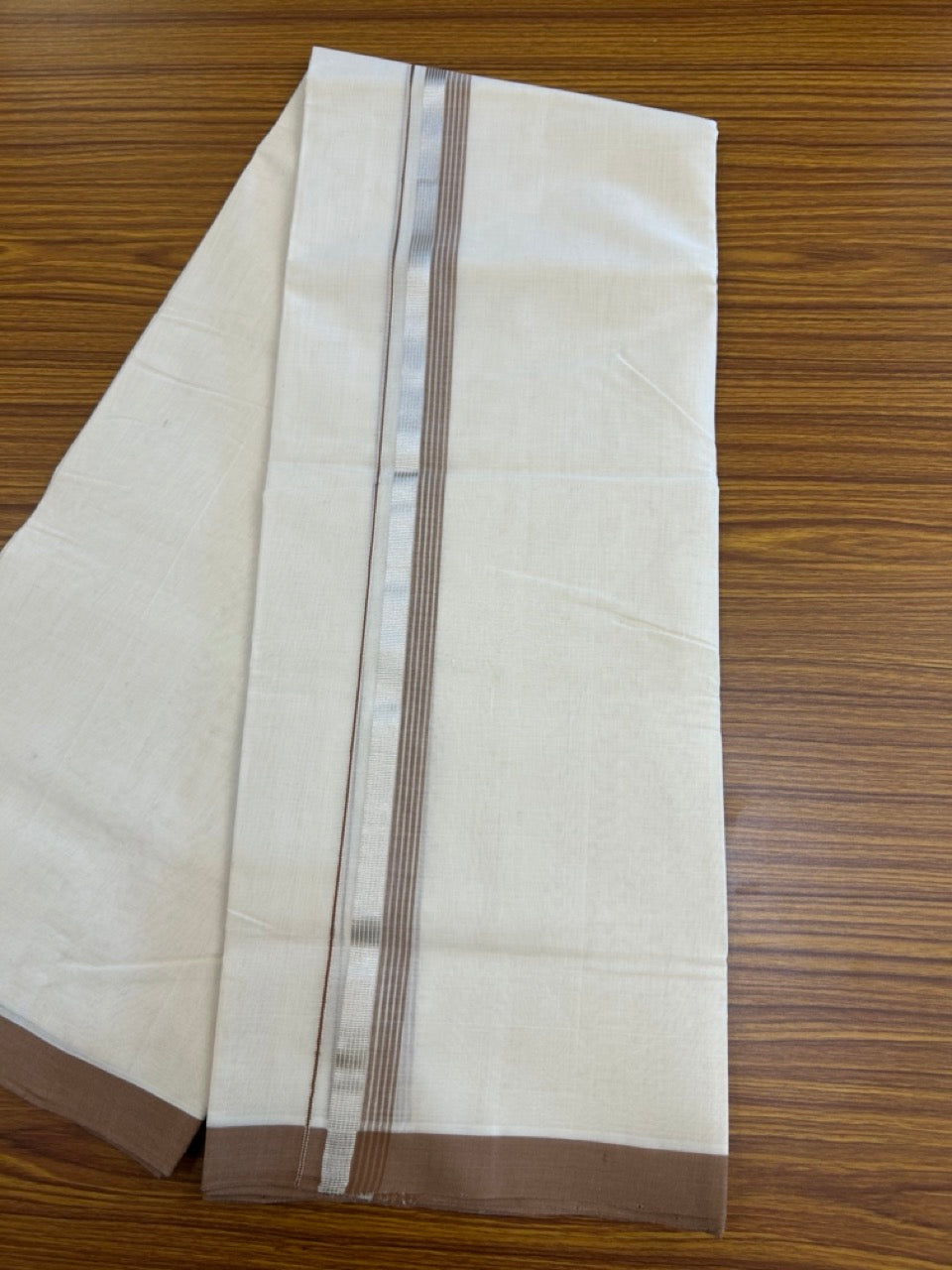 25% Discount ! KaithariKada Handloom Millpaav Balaramapuram - 100% PURE Cotton OFF White (Unbleached) Double Mundu/Dothi - 80x90 - 1.5 inch Silver Kasav & Brown Striped Kara 4 Meters (8.5 Muzham) - 19 KK5256 RAM