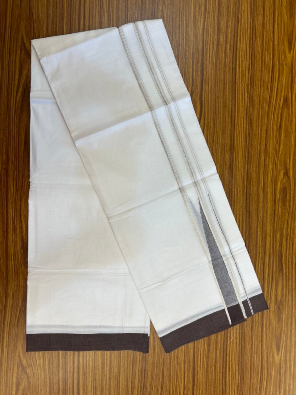 20% Discount! KaithariKada Balaramapuram 100% Cotton Double Pure white Mundu/Dhoti- 100x80 - 1.5 inch Silver & Brown heavy Chutty kara - 3.90mtr ( 8 muzham) - 76 KK5279 CKS