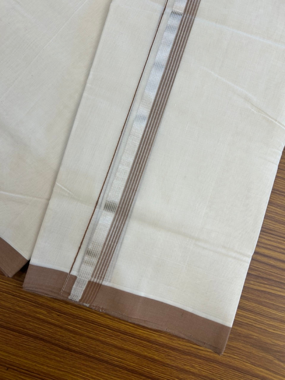 25% Discount ! KaithariKada Handloom Millpaav Balaramapuram - 100% PURE Cotton OFF White (Unbleached) Double Mundu/Dothi - 80x90 - 1.5 inch Silver Kasav & Brown Striped Kara 4 Meters (8.5 Muzham) - 19 KK5256 RAM