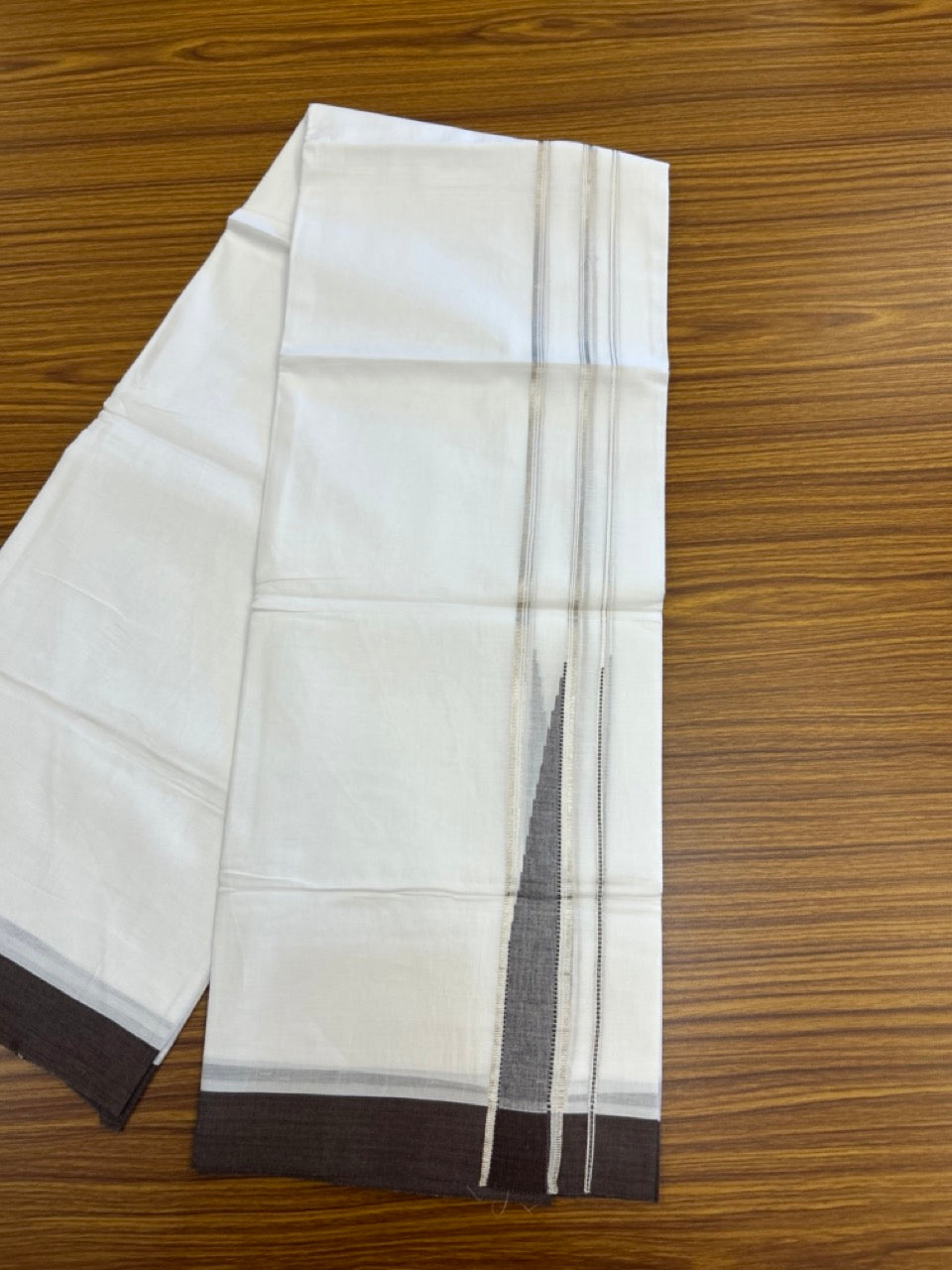20% Discount! KaithariKada Balaramapuram 100% Cotton Double Pure white Mundu/Dhoti- 100x80 - 1.5 inch Silver & Brown heavy Chutty kara - 3.90mtr ( 8 muzham) - 76 KK5279 CKS