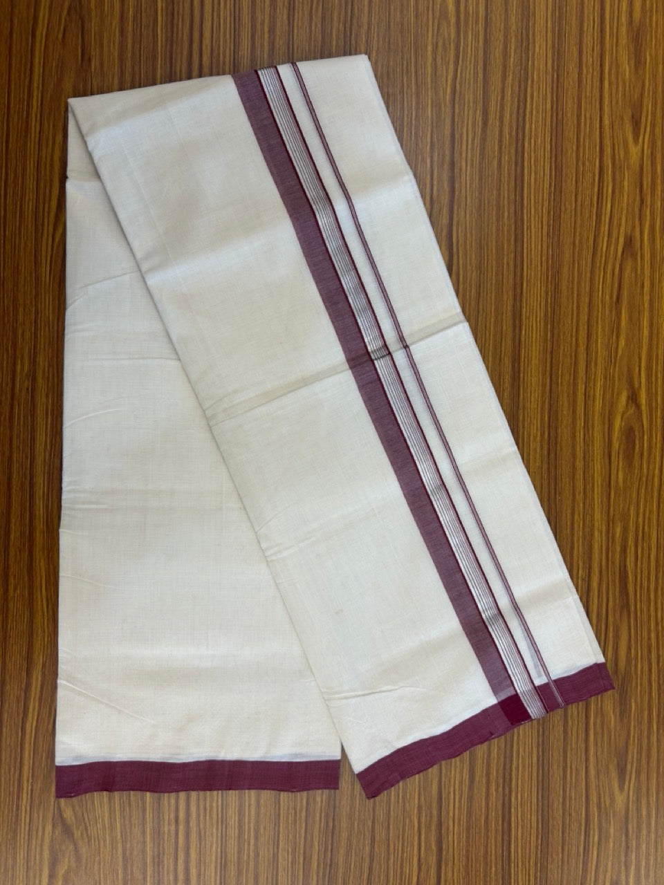 25% Discount ! KaithariKada Handloom Millpaav Balaramapuram - 100% PURE Cotton OFF White (Unbleached) Double Mundu/Dothi - 80x90 - 1.5 inch Silver Kasav & Maroon Shaded Striped Kara 4 Meters (8.5 Muzham) - 20 KK5256 RAM