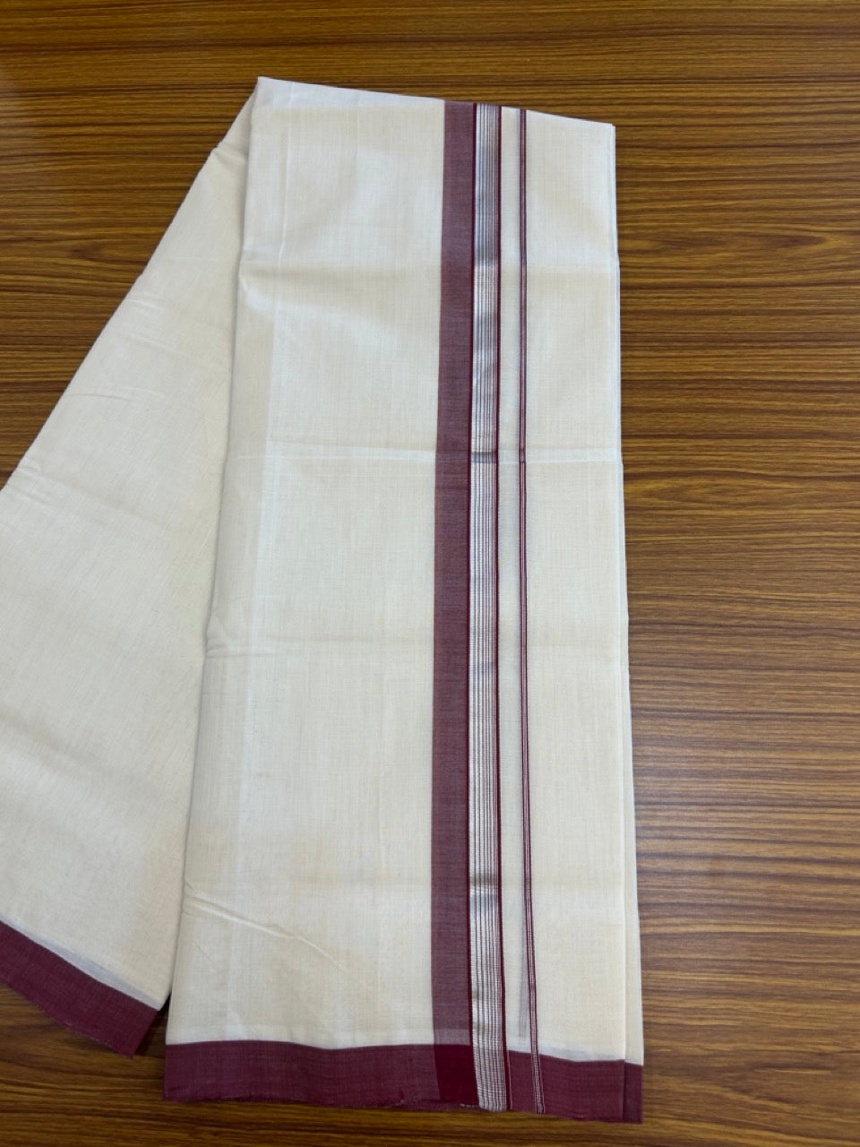 25% Discount ! KaithariKada Handloom Millpaav Balaramapuram - 100% PURE Cotton OFF White (Unbleached) Double Mundu/Dothi - 80x90 - 1.5 inch Silver Kasav & Maroon Shaded Striped Kara 4 Meters (8.5 Muzham) - 20 KK5256 RAM