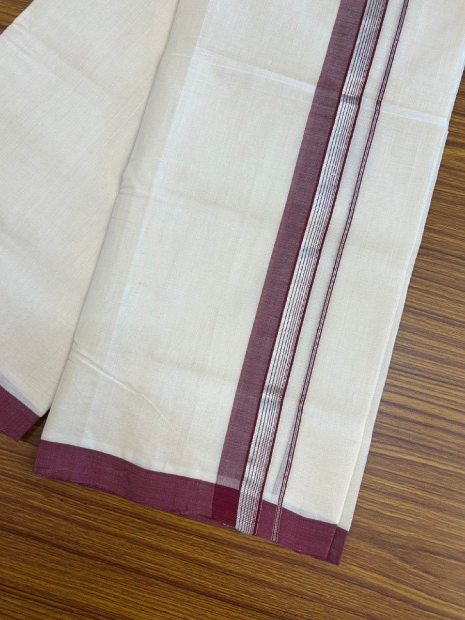 25% Discount ! KaithariKada Handloom Millpaav Balaramapuram - 100% PURE Cotton OFF White (Unbleached) Double Mundu/Dothi - 80x90 - 1.5 inch Silver Kasav & Maroon Shaded Striped Kara 4 Meters (8.5 Muzham) - 20 KK5256 RAM