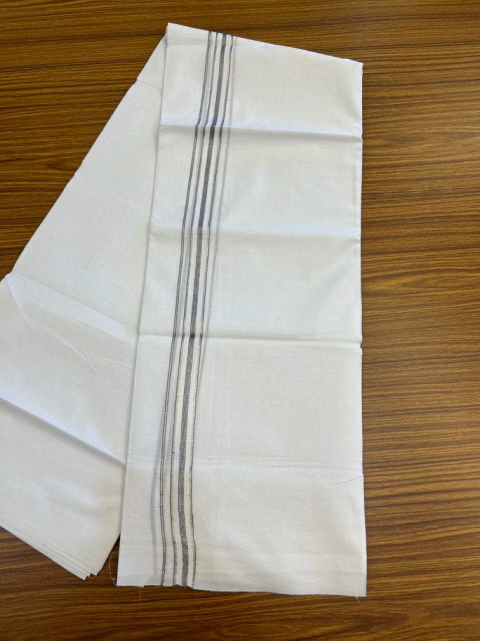 20% Discount! KaithariKada Balaramapuram 100% Cotton Double Pure white Mundu/Dhoti- 100x100 - 0.75 inch Silver & Ash Blue Striped One Side Chutty kara - 3.90mtr ( 8 muzham) - 66 KK5279 CKS