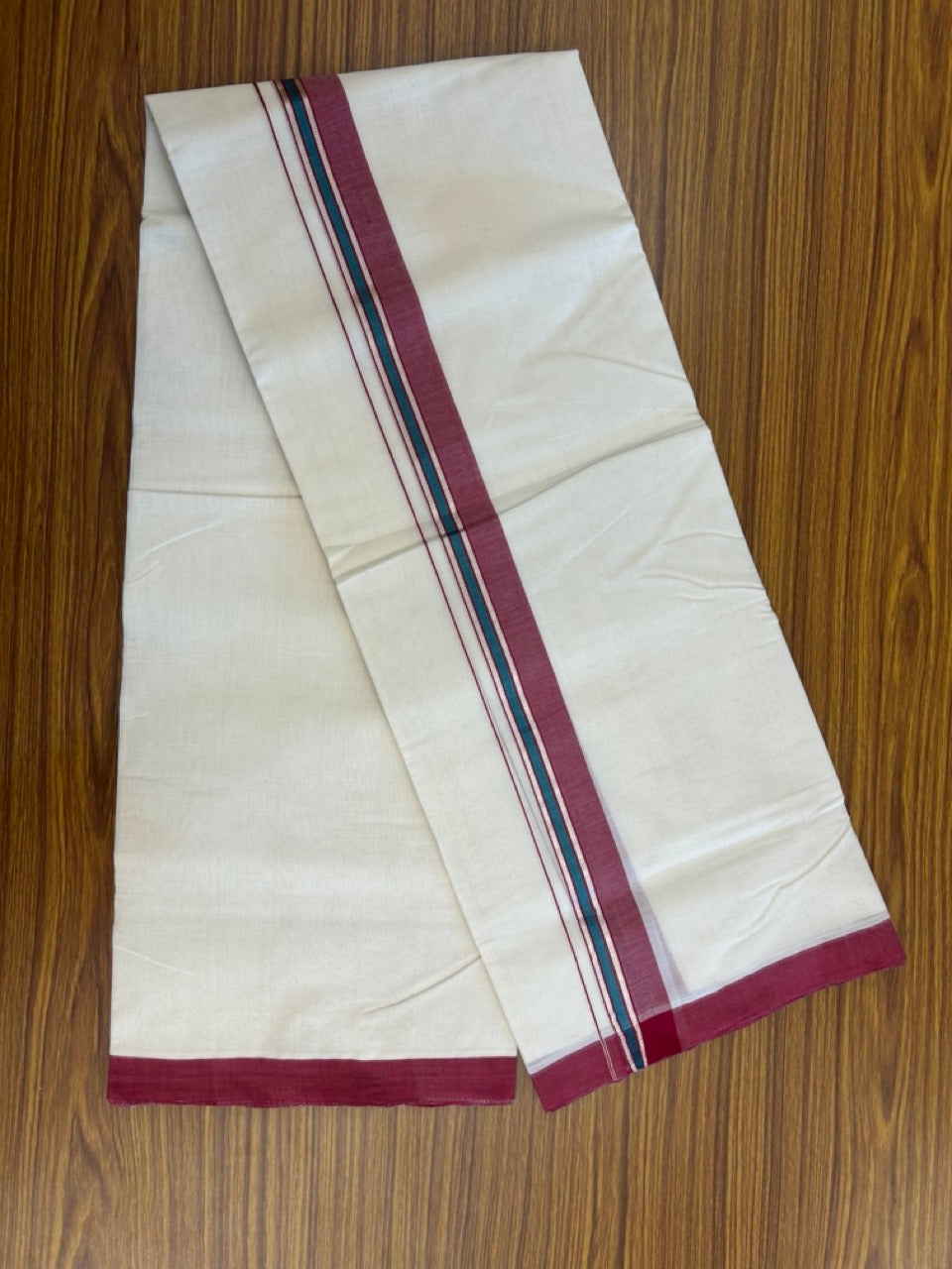 25% Discount ! KaithariKada Handloom Millpaav Balaramapuram - 100% PURE Cotton OFF White (Unbleached) Double Mundu/Dothi - 80x90 - 1.5 inch Silver Kasav Maroon & Peacock Blue Striped Kara 4 Meters (8.5 Muzham) - 21 KK5256 RAM