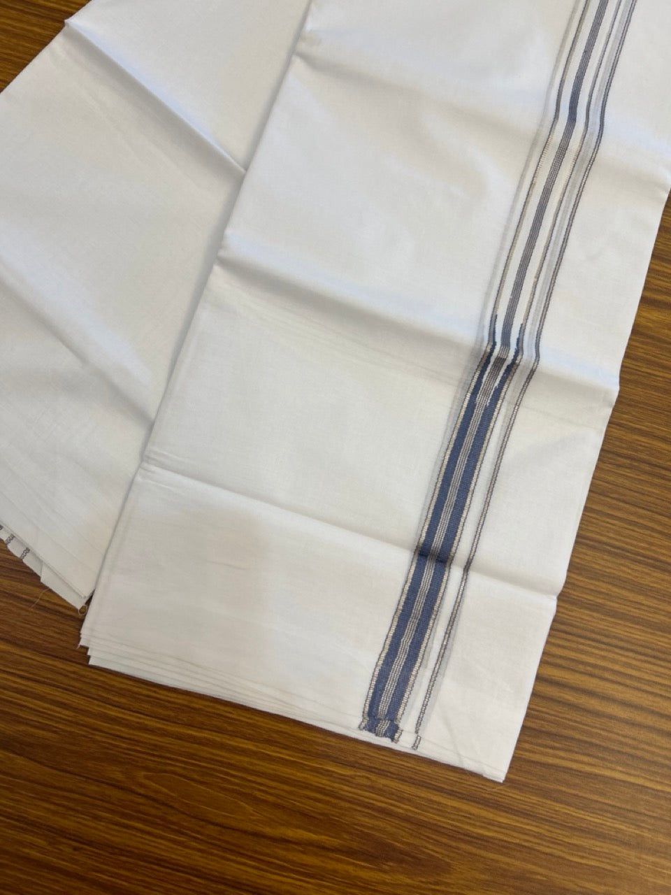 20% Discount! KaithariKada Balaramapuram 100% Cotton Double Pure white Mundu/Dhoti- 100x100 - 0.75 inch Silver & Ash Blue Striped One Side Chutty kara - 3.90mtr ( 8 muzham) - 66 KK5279 CKS