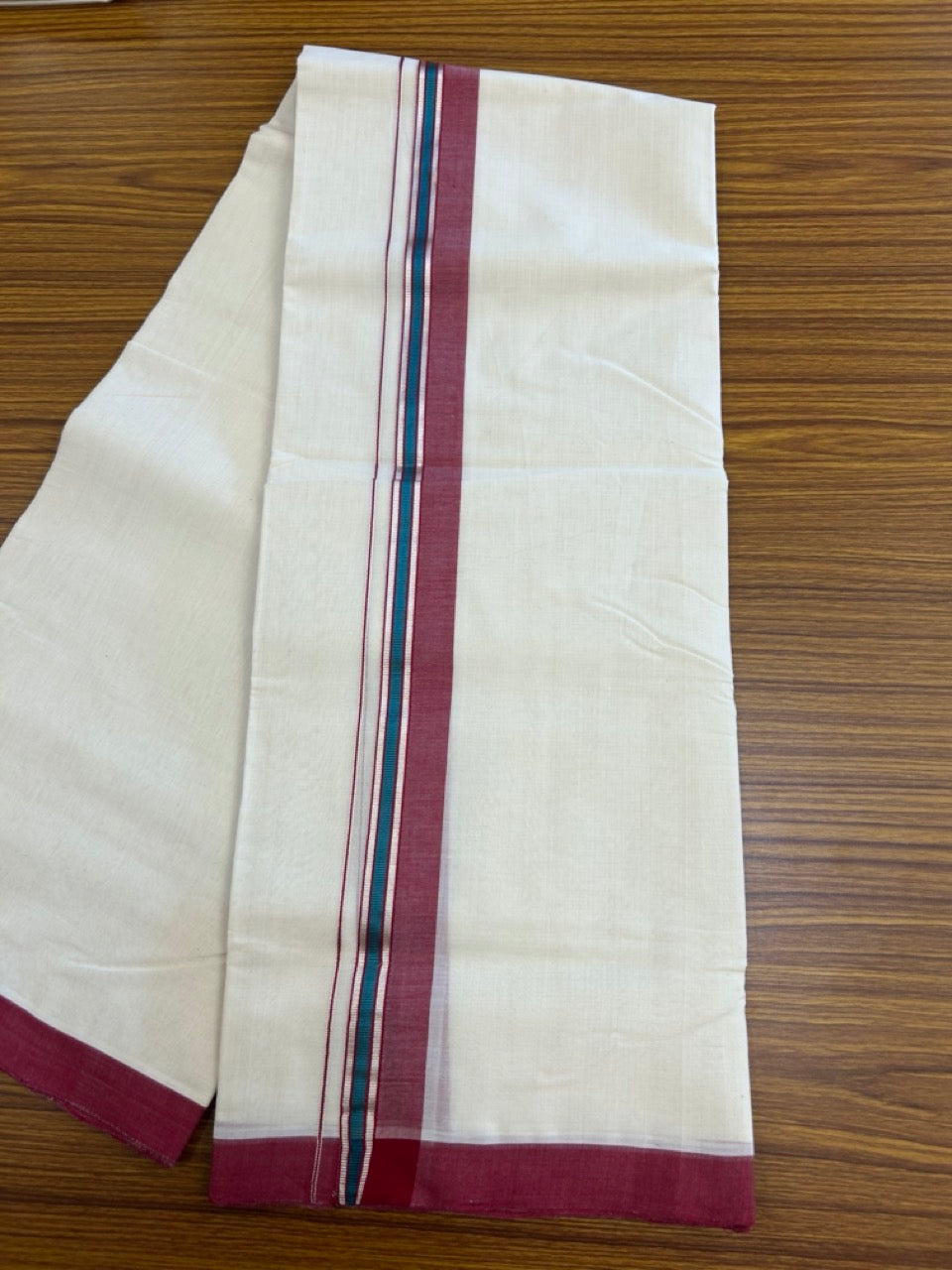 25% Discount ! KaithariKada Handloom Millpaav Balaramapuram - 100% PURE Cotton OFF White (Unbleached) Double Mundu/Dothi - 80x90 - 1.5 inch Silver Kasav Maroon & Peacock Blue Striped Kara 4 Meters (8.5 Muzham) - 21 KK5256 RAM