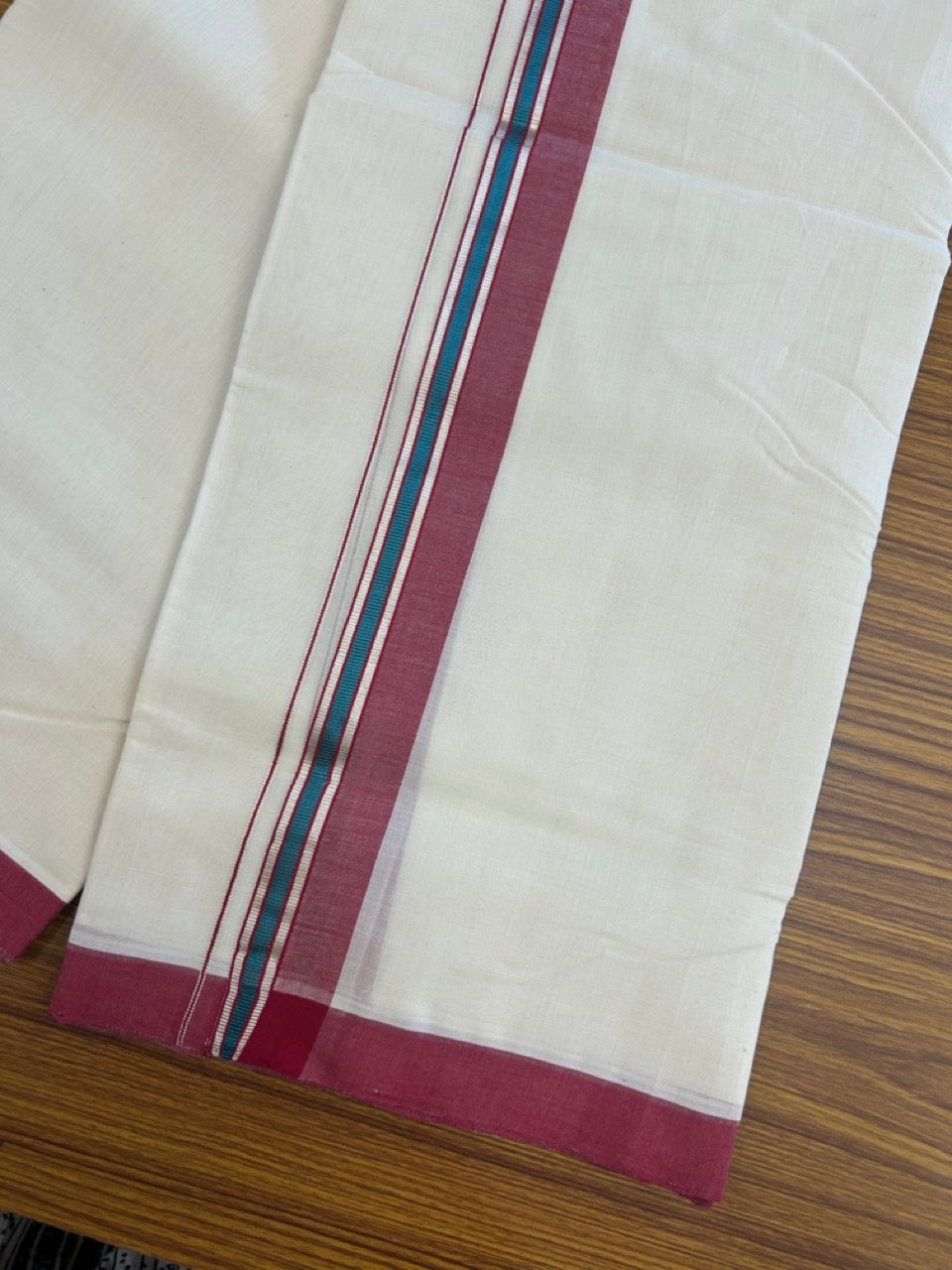25% Discount ! KaithariKada Handloom Millpaav Balaramapuram - 100% PURE Cotton OFF White (Unbleached) Double Mundu/Dothi - 80x90 - 1.5 inch Silver Kasav Maroon & Peacock Blue Striped Kara 4 Meters (8.5 Muzham) - 21 KK5256 RAM
