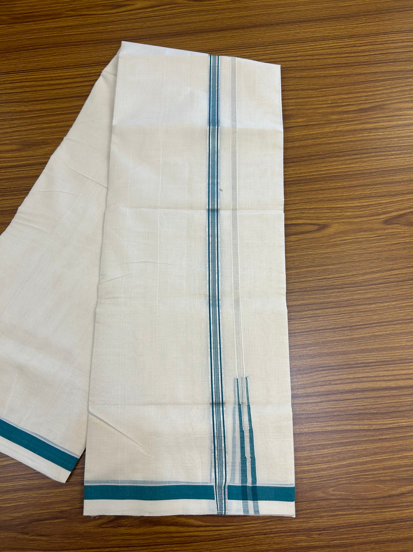 25% Discount!! KaithariKada Handloom Unakkupaav - Kerala Handloom - 100% Pure Cotton Off White - (Unbleached) Double Mundu/Dothi - 80X90 - 0.5 inch Puliyilakkara Silver Kasav & Green Blue Chutty Kara 3.90 mtr (8 muzham) - 13 KK5369 YAR