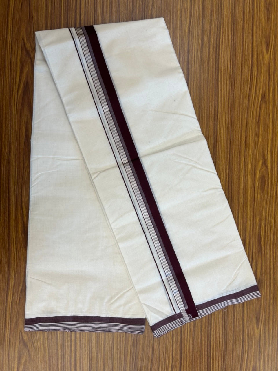 25% Discount ! KaithariKada Handloom Millpaav Balaramapuram - 100% PURE Cotton OFF White (Unbleached) Double Mundu/Dothi - 80x90 - 1.5 inch Silver Kasav & Dark Maroon Shaded Striped Kara 4 Meters (8.5 Muzham) - 22 KK5256 RAM