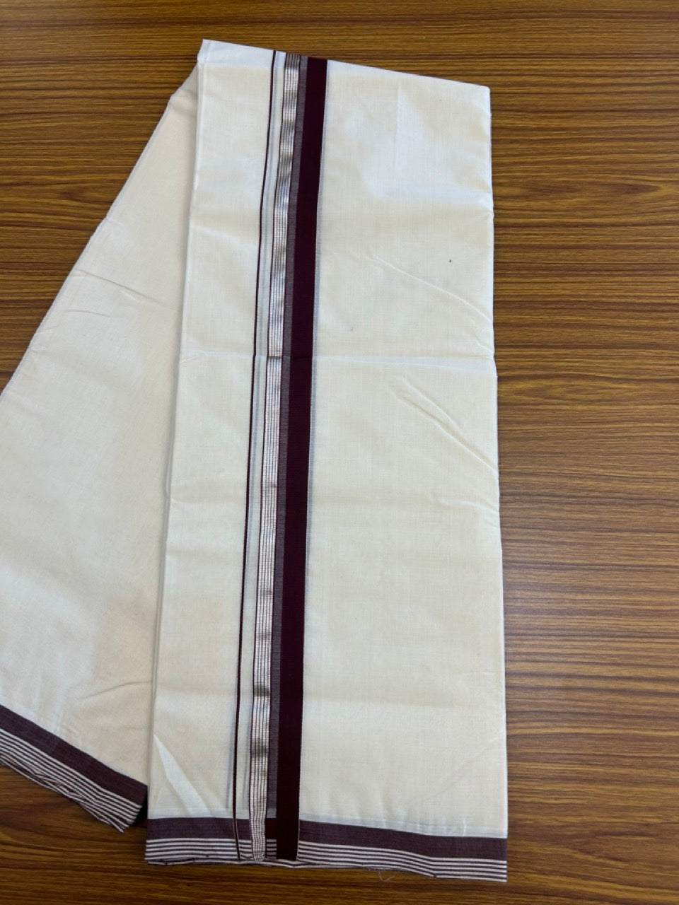 25% Discount ! KaithariKada Handloom Millpaav Balaramapuram - 100% PURE Cotton OFF White (Unbleached) Double Mundu/Dothi - 80x90 - 1.5 inch Silver Kasav & Dark Maroon Shaded Striped Kara 4 Meters (8.5 Muzham) - 22 KK5256 RAM