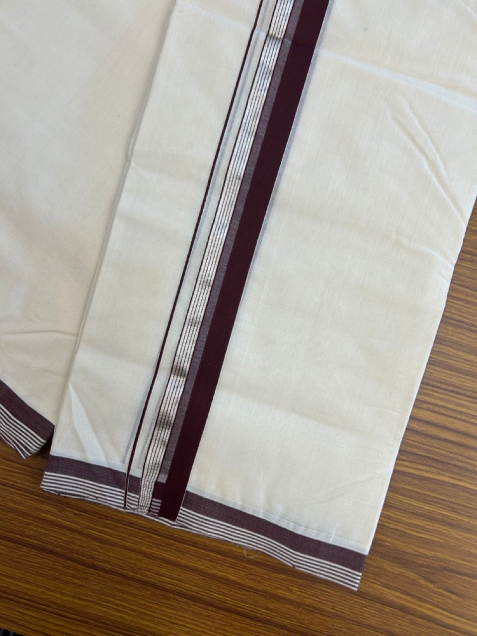 25% Discount ! KaithariKada Handloom Millpaav Balaramapuram - 100% PURE Cotton OFF White (Unbleached) Double Mundu/Dothi - 80x90 - 1.5 inch Silver Kasav & Dark Maroon Shaded Striped Kara 4 Meters (8.5 Muzham) - 22 KK5256 RAM