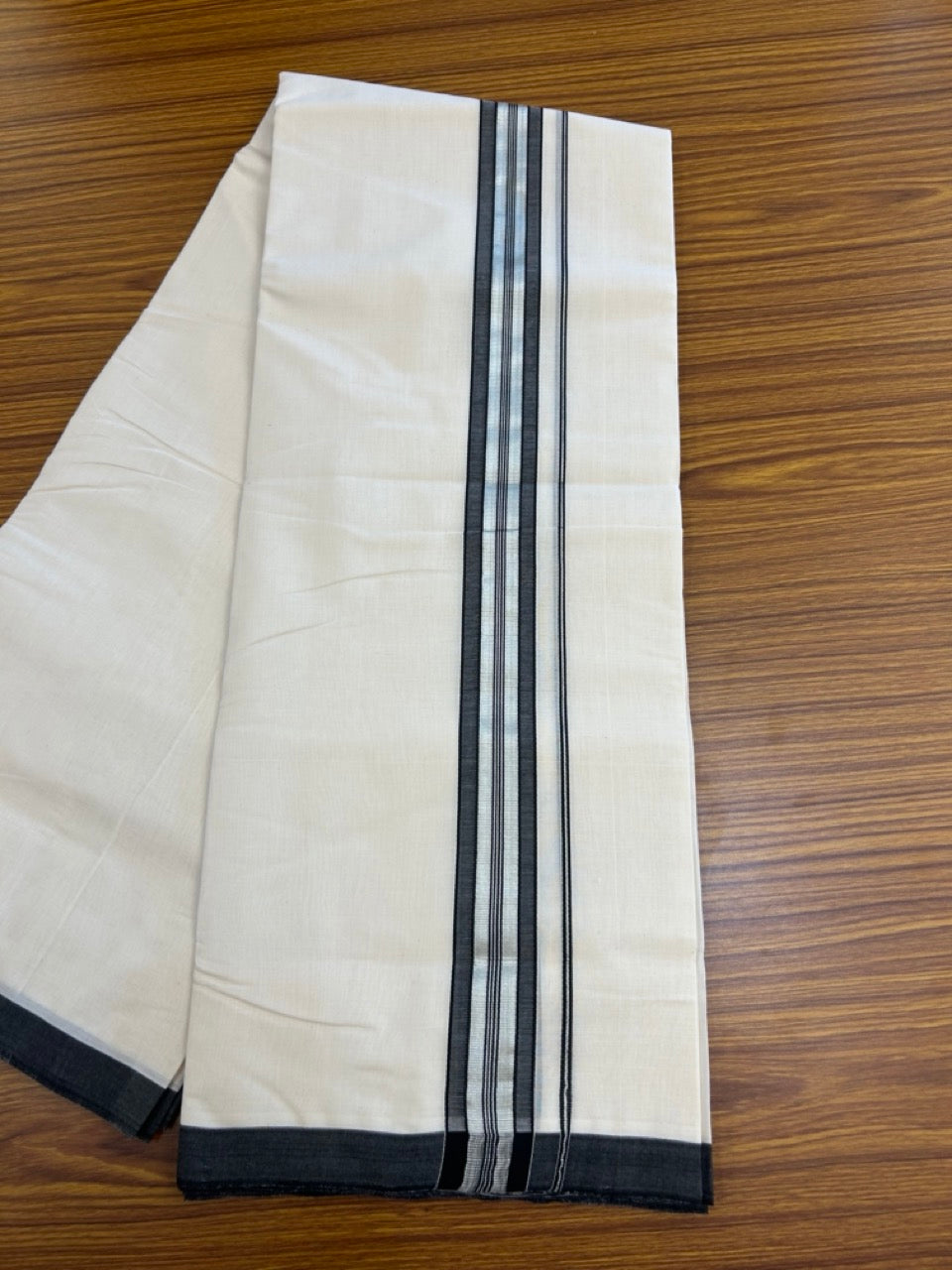 25% Discount ! KaithariKada Handloom Millpaav Balaramapuram - 100% PURE Cotton OFF White (Unbleached) Double Mundu/Dothi - 80x90 - 1.5 inch Silver Kasav & Black Shaded Striped Kara 4 Meters (8.5 Muzham) - 23 KK5256 RAM