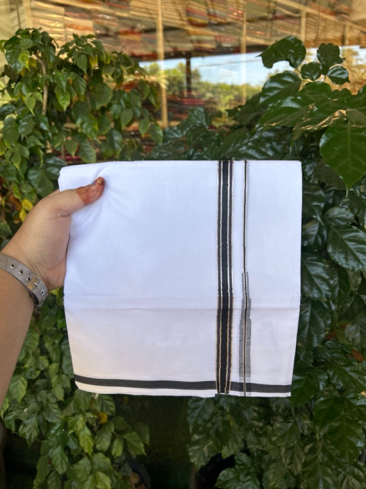 20% Discount! KaithariKada Balaramapuram 100% Cotton Double Pure white Mundu/Dhoti- 100x100 - 0.5 inch Silver Black Striped Chutty kara - 3.90mtr ( 8 muzham) - 65 KK5279 CKS