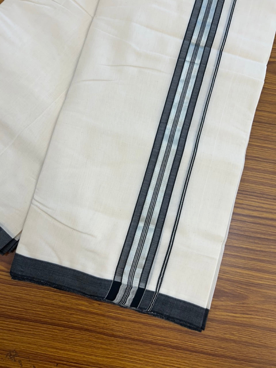 25% Discount ! KaithariKada Handloom Millpaav Balaramapuram - 100% PURE Cotton OFF White (Unbleached) Double Mundu/Dothi - 80x90 - 1.5 inch Silver Kasav & Black Shaded Striped Kara 4 Meters (8.5 Muzham) - 23 KK5256 RAM