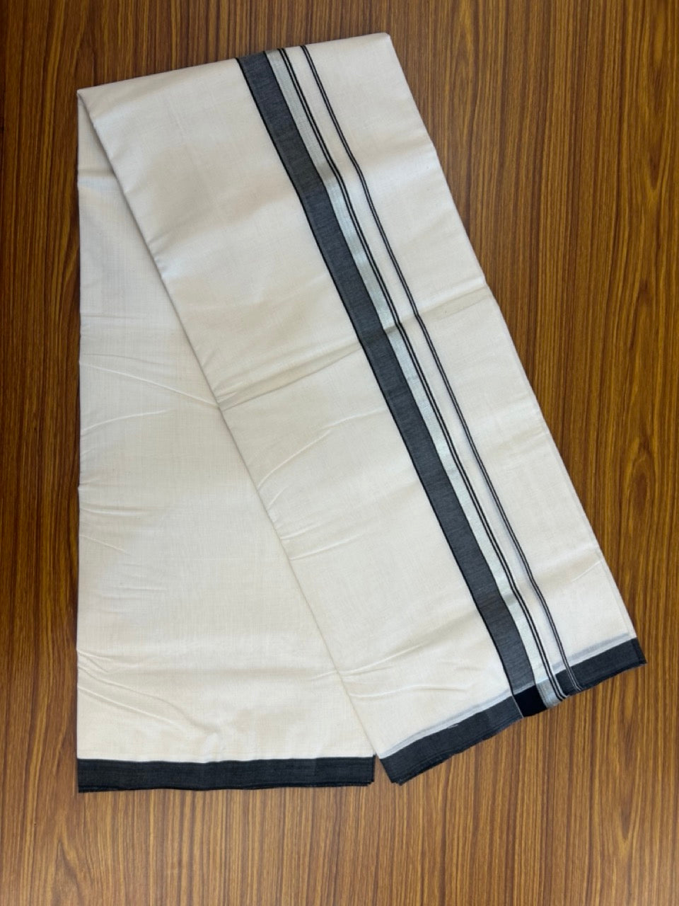 25% Discount ! KaithariKada Handloom Millpaav Balaramapuram - 100% PURE Cotton OFF White (Unbleached) Double Mundu/Dothi - 80x90 - 1.75 inch Silver Kasav & Black Shaded Striped Kara 4 Meters (8.5 Muzham) - 24 KK5256 RAM