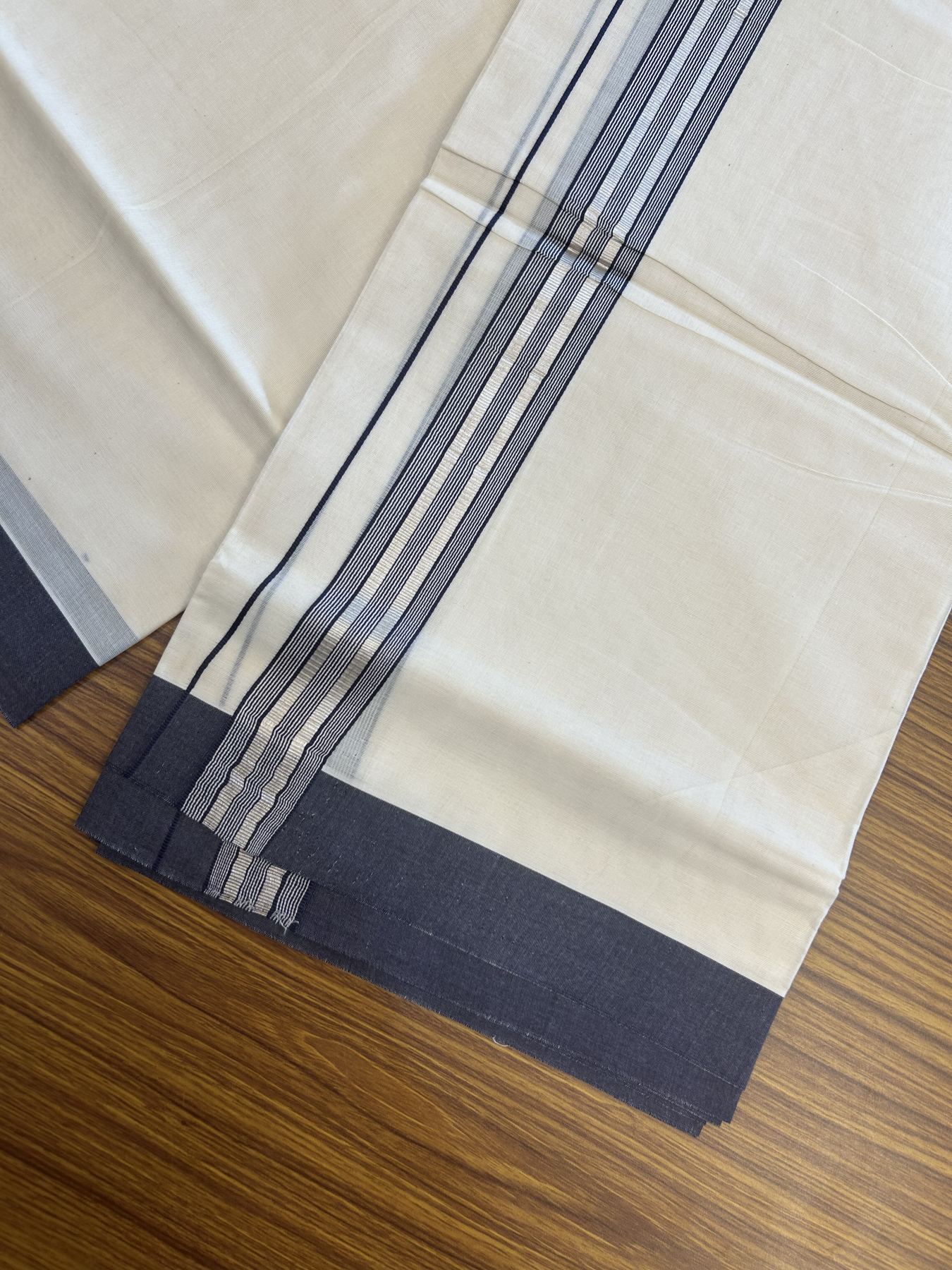 20% Discount !! KaithariKada Balaramapuram Double Off White (Unbleached) Mundu/Dhoti - 100x80 - 1.25 inch Navy Blue & Silver Striped kara 3.90 mtr (8 muzham) - 11 KK5313 PMC