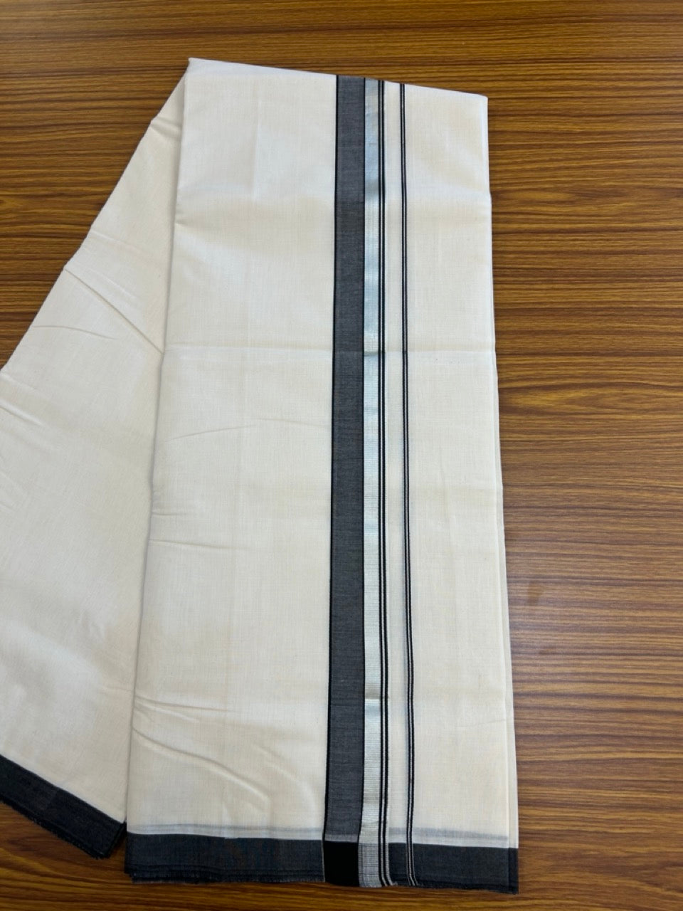 25% Discount ! KaithariKada Handloom Millpaav Balaramapuram - 100% PURE Cotton OFF White (Unbleached) Double Mundu/Dothi - 80x90 - 1.75 inch Silver Kasav & Black Shaded Striped Kara 4 Meters (8.5 Muzham) - 24 KK5256 RAM