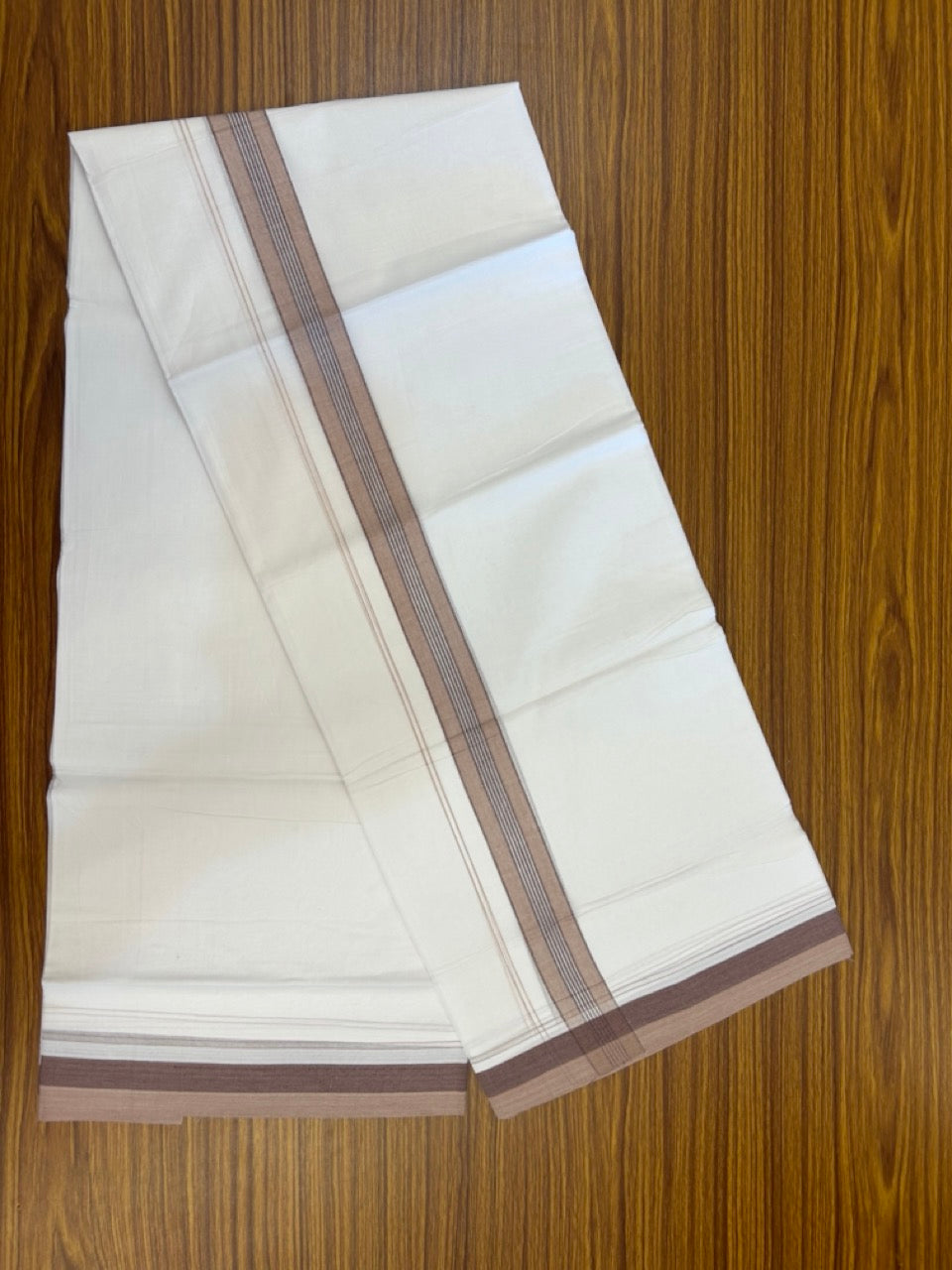 20% Discount! KaithariKada Balaramapuram 100% Cotton Double Pure white Mundu/Dhoti- 100X80 - 1.5 inch Sand Brown & Maroon striped Shaded kara - 3.90mtr ( 8 muzham) - 26 KK5280 VIN