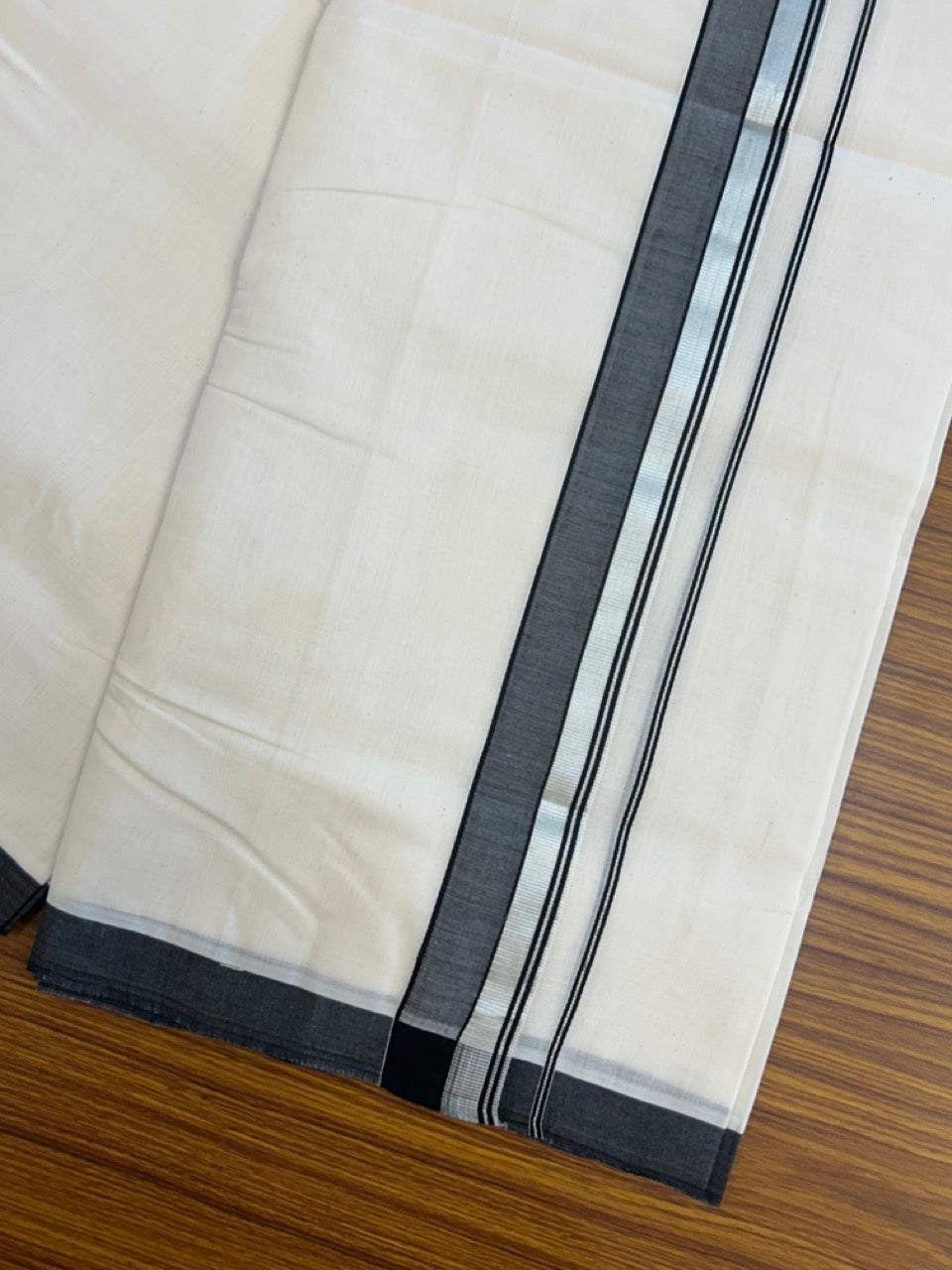 25% Discount ! KaithariKada Handloom Millpaav Balaramapuram - 100% PURE Cotton OFF White (Unbleached) Double Mundu/Dothi - 80x90 - 1.75 inch Silver Kasav & Black Shaded Striped Kara 4 Meters (8.5 Muzham) - 24 KK5256 RAM