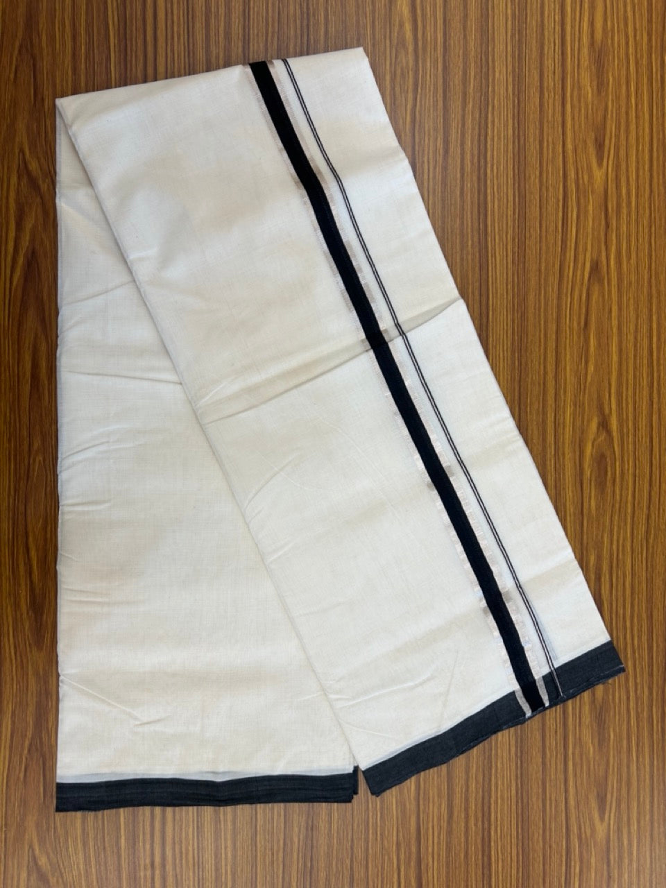 25% Discount ! KaithariKada Handloom Millpaav Balaramapuram - 100% PURE Cotton OFF White (Unbleached) Double Mundu/Dothi - 80x90 - 1 inch Silver Kasav & Black Kara 4 Meters (8.5 Muzham) - 25 KK5256 RAM
