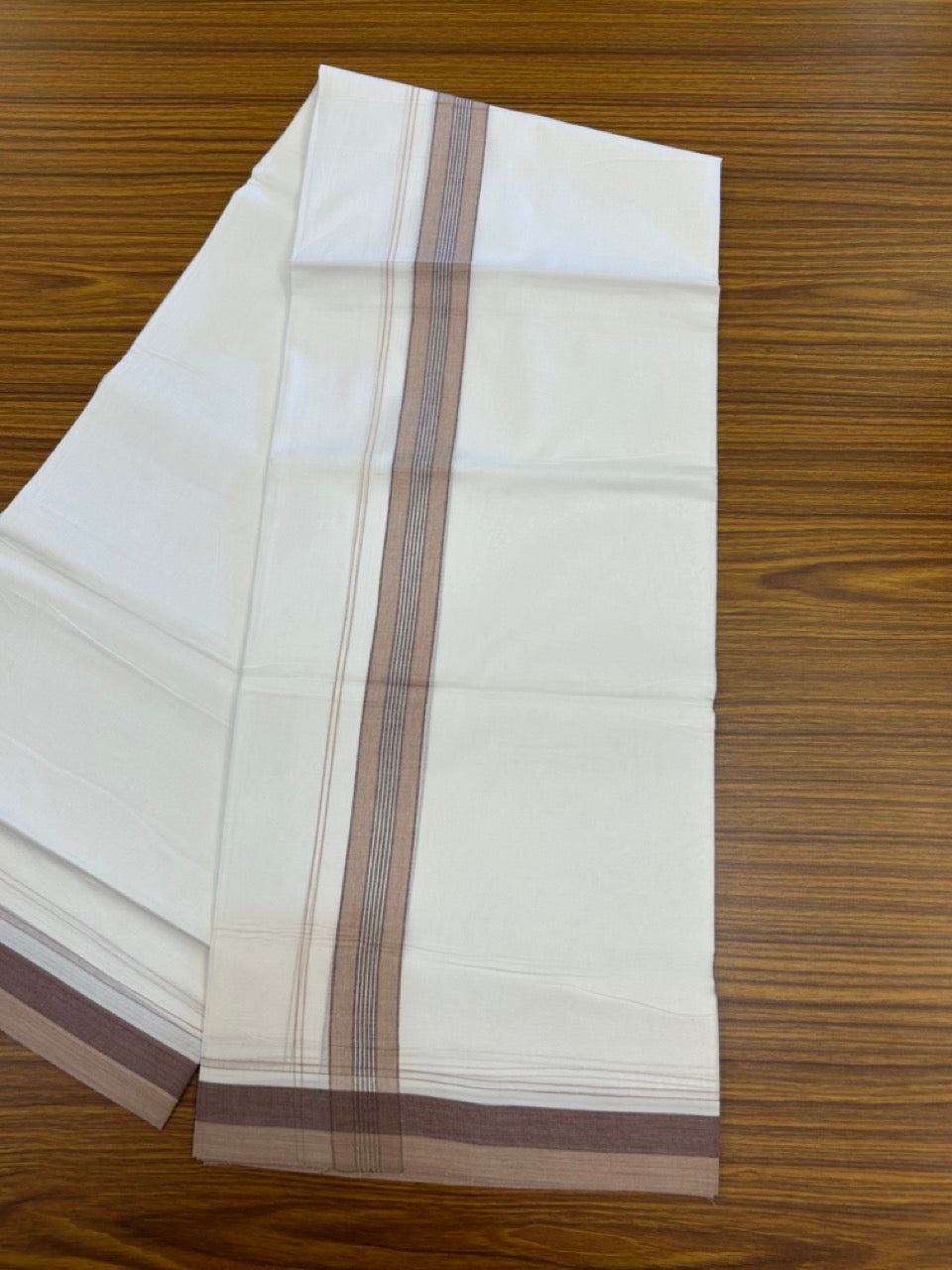 20% Discount! KaithariKada Balaramapuram 100% Cotton Double Pure white Mundu/Dhoti- 100X80 - 1.5 inch Sand Brown & Maroon striped Shaded kara - 3.90mtr ( 8 muzham) - 26 KK5280 VIN
