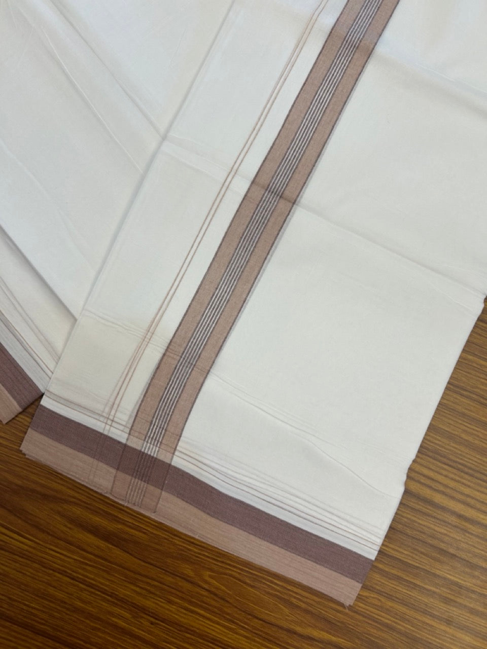 20% Discount! KaithariKada Balaramapuram 100% Cotton Double Pure white Mundu/Dhoti- 100X80 - 1.5 inch Sand Brown & Maroon striped Shaded kara - 3.90mtr ( 8 muzham) - 26 KK5280 VIN