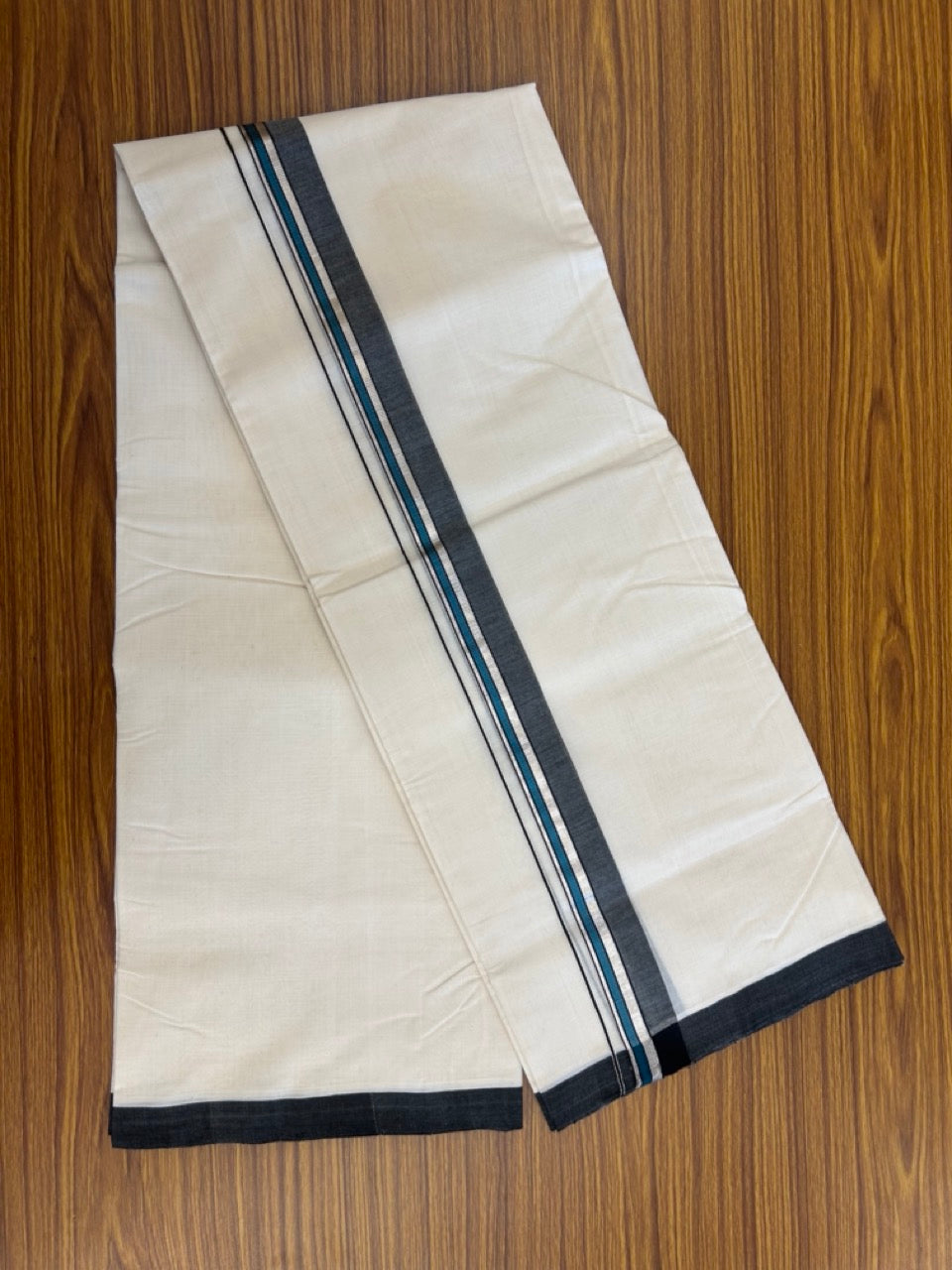 25% Discount ! KaithariKada Handloom Millpaav Balaramapuram - 100% PURE Cotton OFF White (Unbleached) Double Mundu/Dothi - 80x90 - 1.5 inch Silver Kasav Peacock Blue & Black Shaded Striped Kara 4 Meters (8.5 Muzham) - 26 KK5256 RAM