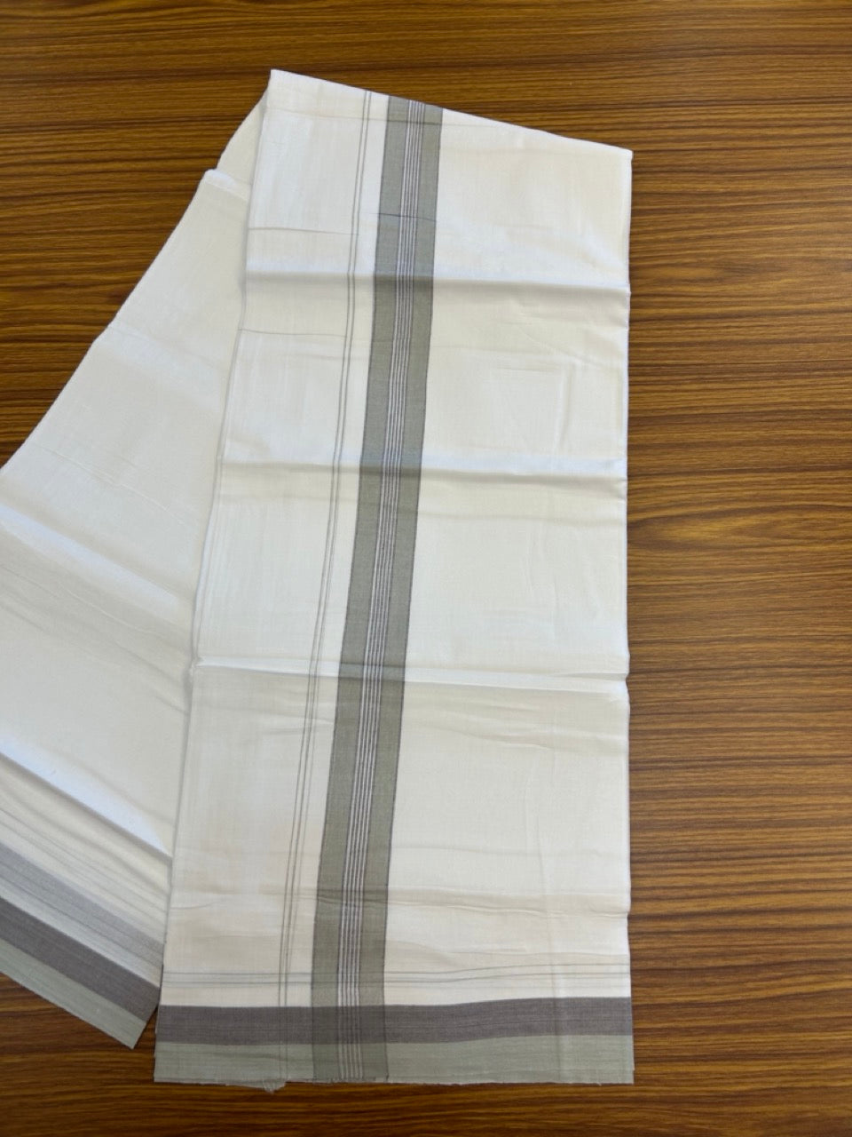 20% Discount! KaithariKada Balaramapuram 100% Cotton Double Pure white Mundu/Dhoti- 100X80 - 1.5 inch Brown & Light Mint Green striped Shaded kara - 3.90mtr ( 8 muzham) - 23 KK5280 VIN