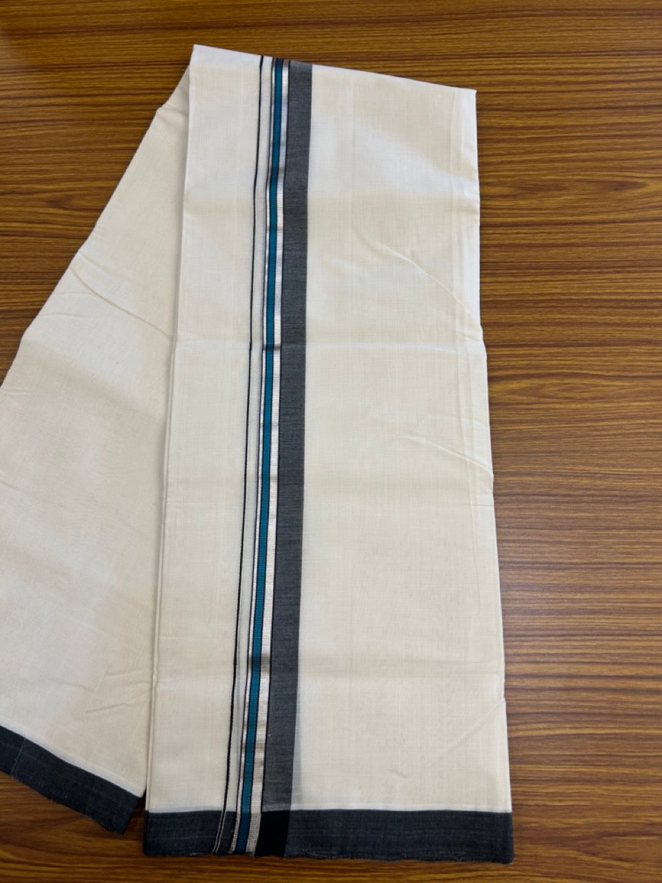 25% Discount ! KaithariKada Handloom Millpaav Balaramapuram - 100% PURE Cotton OFF White (Unbleached) Double Mundu/Dothi - 80x90 - 1.5 inch Silver Kasav Peacock Blue & Black Shaded Striped Kara 4 Meters (8.5 Muzham) - 26 KK5256 RAM