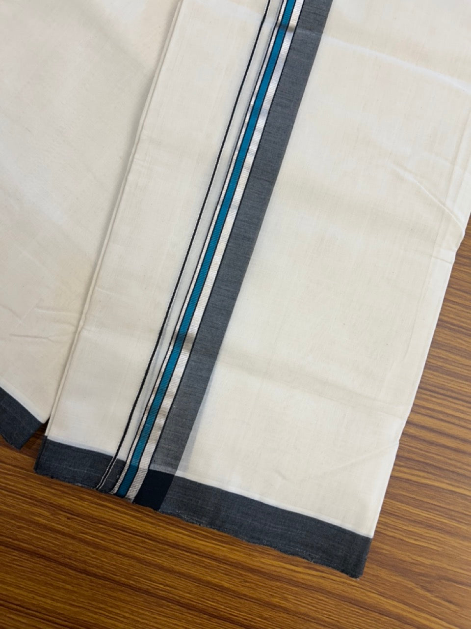 25% Discount ! KaithariKada Handloom Millpaav Balaramapuram - 100% PURE Cotton OFF White (Unbleached) Double Mundu/Dothi - 80x90 - 1.5 inch Silver Kasav Peacock Blue & Black Shaded Striped Kara 4 Meters (8.5 Muzham) - 26 KK5256 RAM