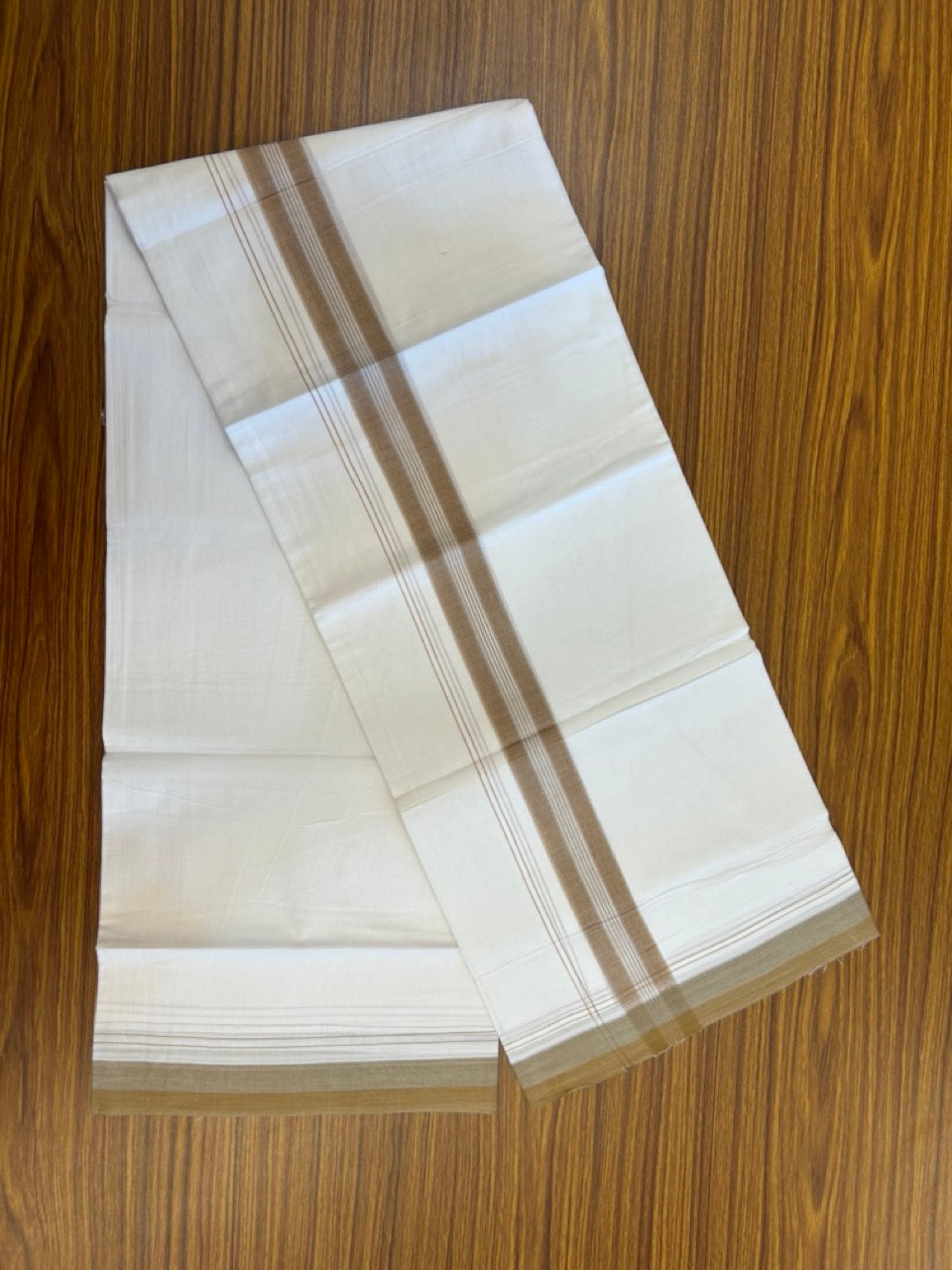 20% Discount! KaithariKada Balaramapuram 100% Cotton Double Pure white Mundu/Dhoti- 100X80 - 1.5 inch Brown & Grey striped Shaded kara - 3.90mtr ( 8 muzham) - 28 KK5280 VIN