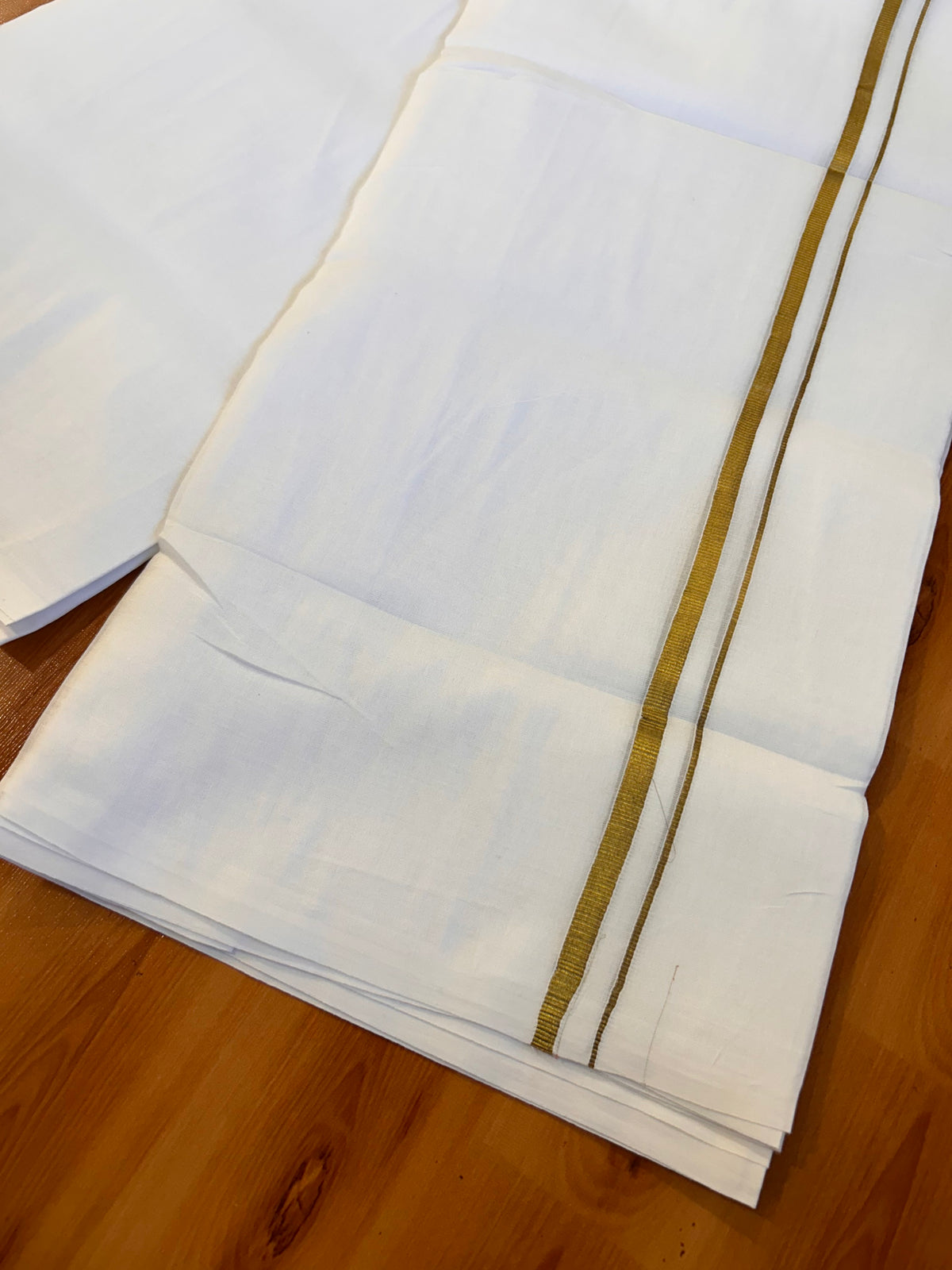 Pure White Double Mundu / Dhoti - 13% Discount ! Kaitharikada Pulimood 100% Cotton - 100x80 - 0.25 inch Gold kasav kara 3.75 m (8 muzham) - 14 KK5534 ASH