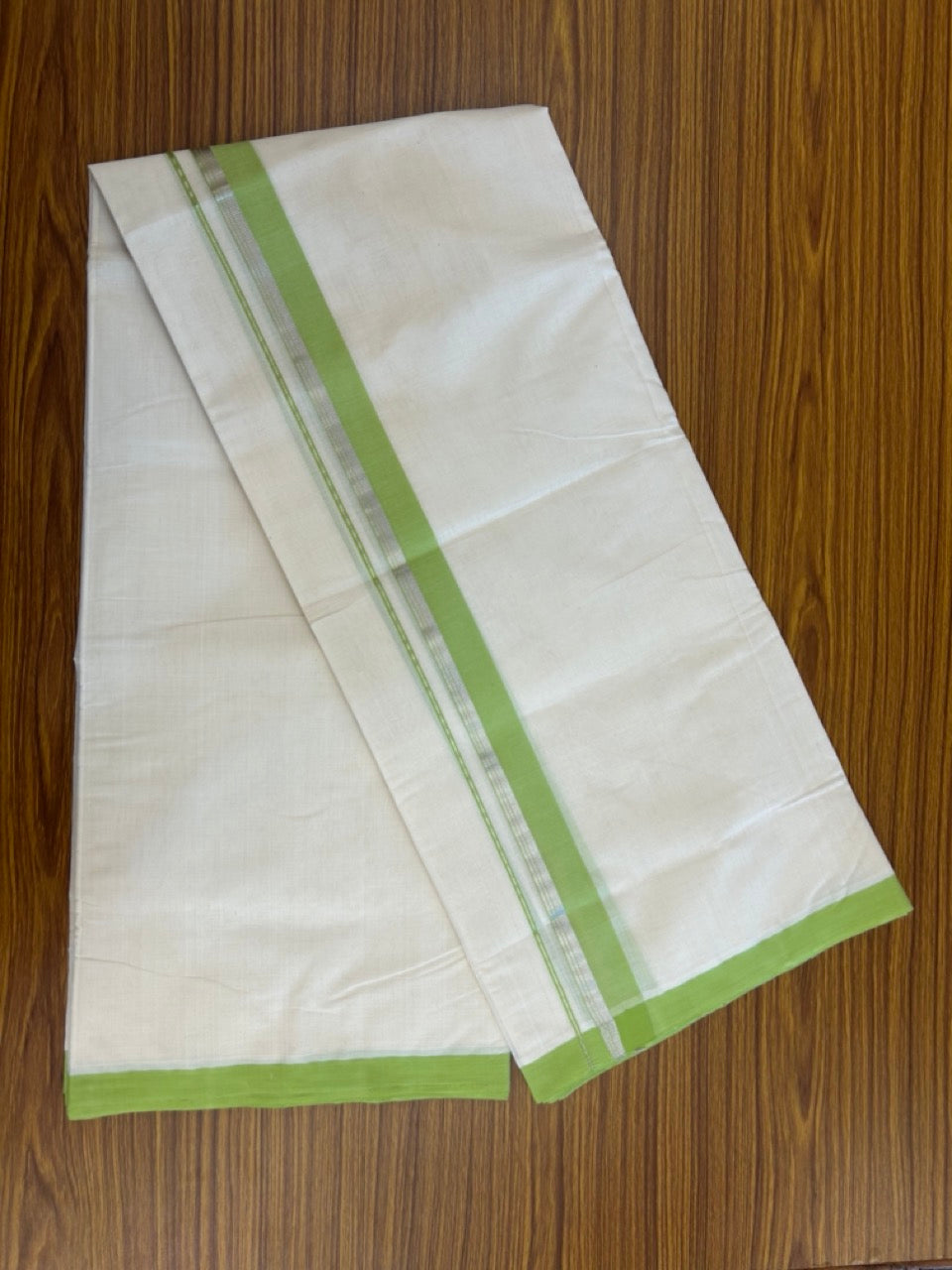 25% Discount! KaithariKada Handloom Millpaav Balaramapuram - 100% Pure Cotton Off White (Unbleached) Double Mundu/Dothi - 80x90 - 1.5 inch Silver Kasavu stripes Light Green Mulloth Kara 4.5 Meters (10 Muzham) - 27 KK5256 RAM