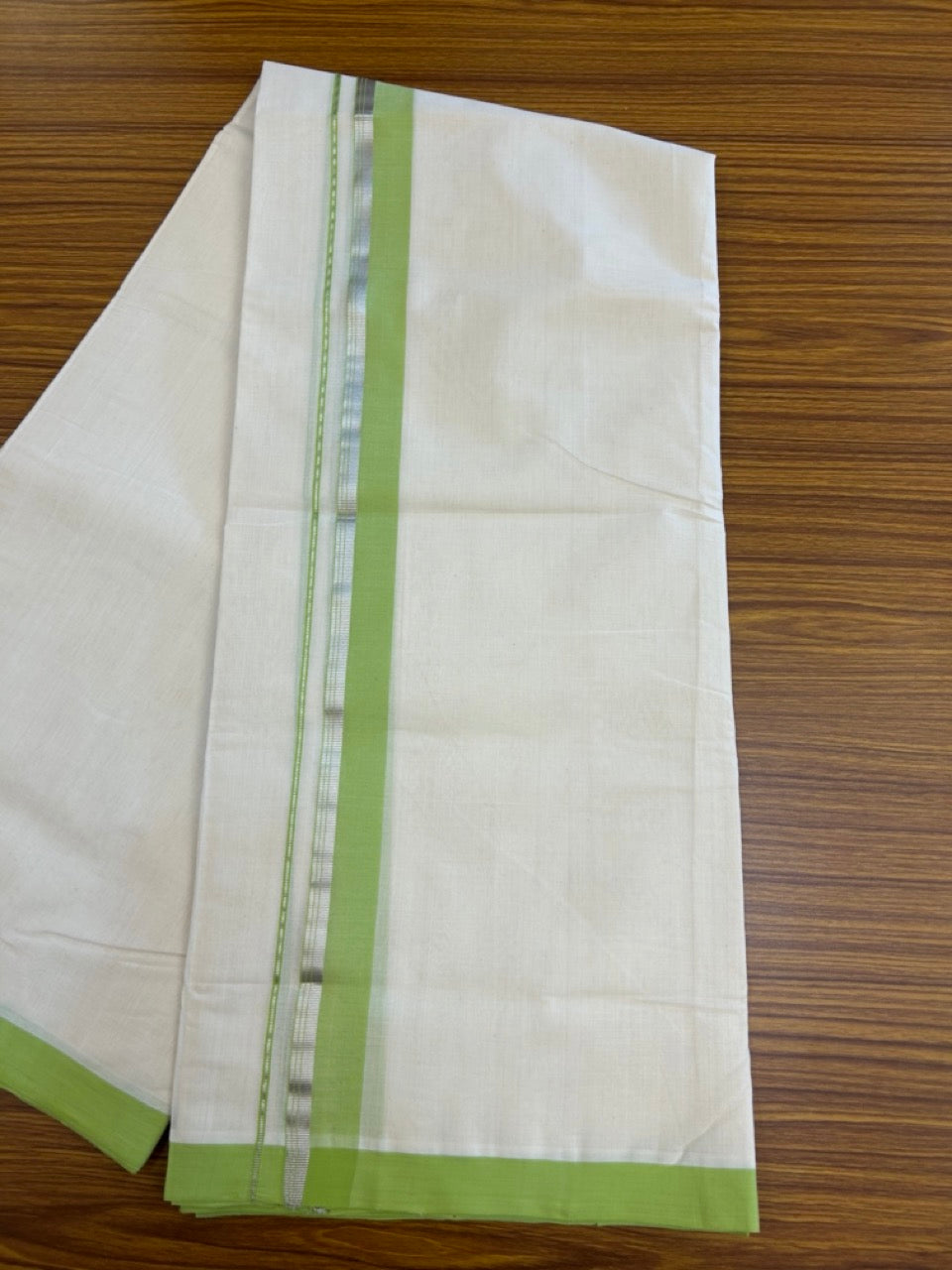 25% Discount! KaithariKada Handloom Millpaav Balaramapuram - 100% Pure Cotton Off White (Unbleached) Double Mundu/Dothi - 80x90 - 1.5 inch Silver Kasavu stripes Light Green Mulloth Kara 4.5 Meters (10 Muzham) - 27 KK5256 RAM
