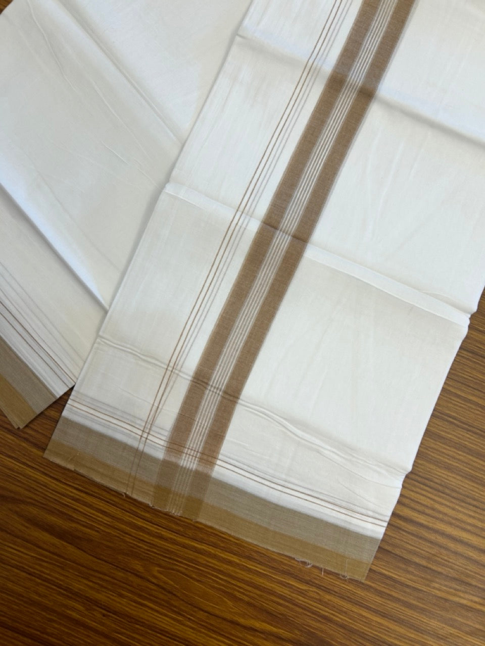 20% Discount! KaithariKada Balaramapuram 100% Cotton Double Pure white Mundu/Dhoti- 100X80 - 1.5 inch Brown & Grey striped Shaded kara - 3.90mtr ( 8 muzham) - 28 KK5280 VIN