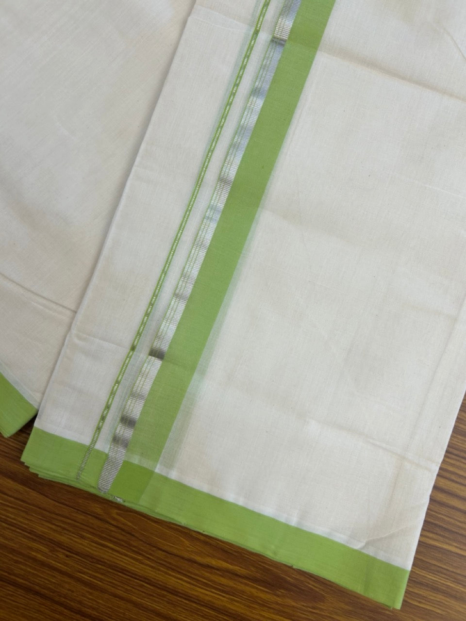25% Discount! KaithariKada Handloom Millpaav Balaramapuram - 100% Pure Cotton Off White (Unbleached) Double Mundu/Dothi - 80x90 - 1.5 inch Silver Kasavu stripes Light Green Mulloth Kara 4.5 Meters (10 Muzham) - 27 KK5256 RAM