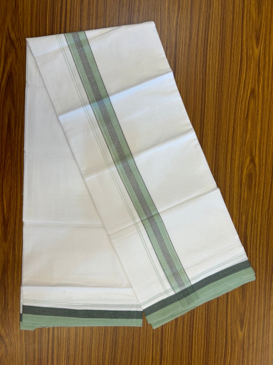 20% Discount! KaithariKada Balaramapuram 100% Cotton Double Pure white Mundu/Dhoti- 100X80 - 1.5 inch Mint Green & Ash Black striped Shaded kara - 3.90mtr ( 8 muzham) - 21 KK5280 VIN