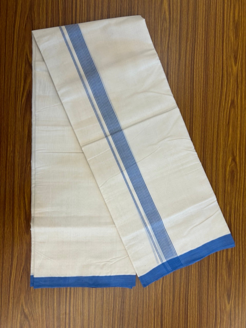 25% Discount ! KaithariKada Handloom Millpaav Balaramapuram - 100% PURE Cotton OFF White (Unbleached) Double Mundu/Dothi - 80x90 - 1 inch Blue Striped Kara 4 Meters (8.5 Muzham) - 28 KK5256 RAM