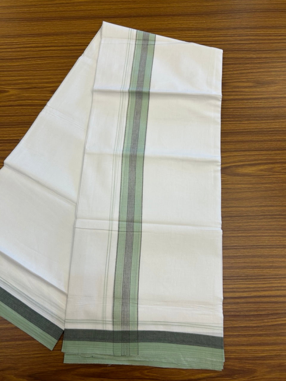 20% Discount! KaithariKada Balaramapuram 100% Cotton Double Pure white Mundu/Dhoti- 100X80 - 1.5 inch Mint Green & Ash Black striped Shaded kara - 3.90mtr ( 8 muzham) - 21 KK5280 VIN