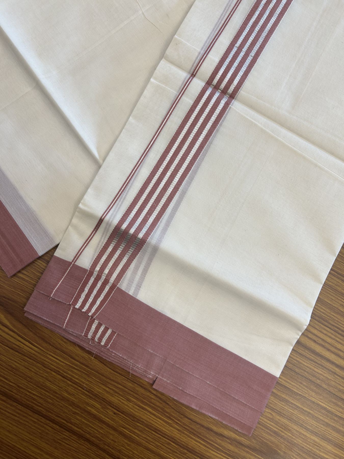 20% Discount !! KaithariKada Balaramapuram Double Off White (Unbleached) Mundu/Dhoti - 100x80 - 1.25 inch Dark Dusty Peach & Silver Striped kara 3.90 mtr (8 muzham) - 19 KK5313 PMC
