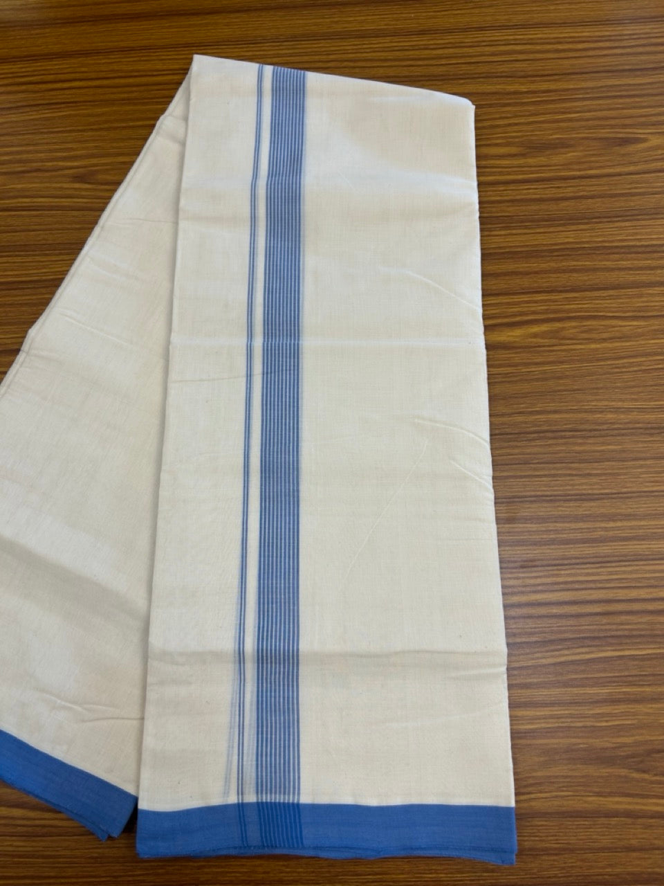 25% Discount ! KaithariKada Handloom Millpaav Balaramapuram - 100% PURE Cotton OFF White (Unbleached) Double Mundu/Dothi - 80x90 - 1 inch Blue Striped Kara 4 Meters (8.5 Muzham) - 28 KK5256 RAM