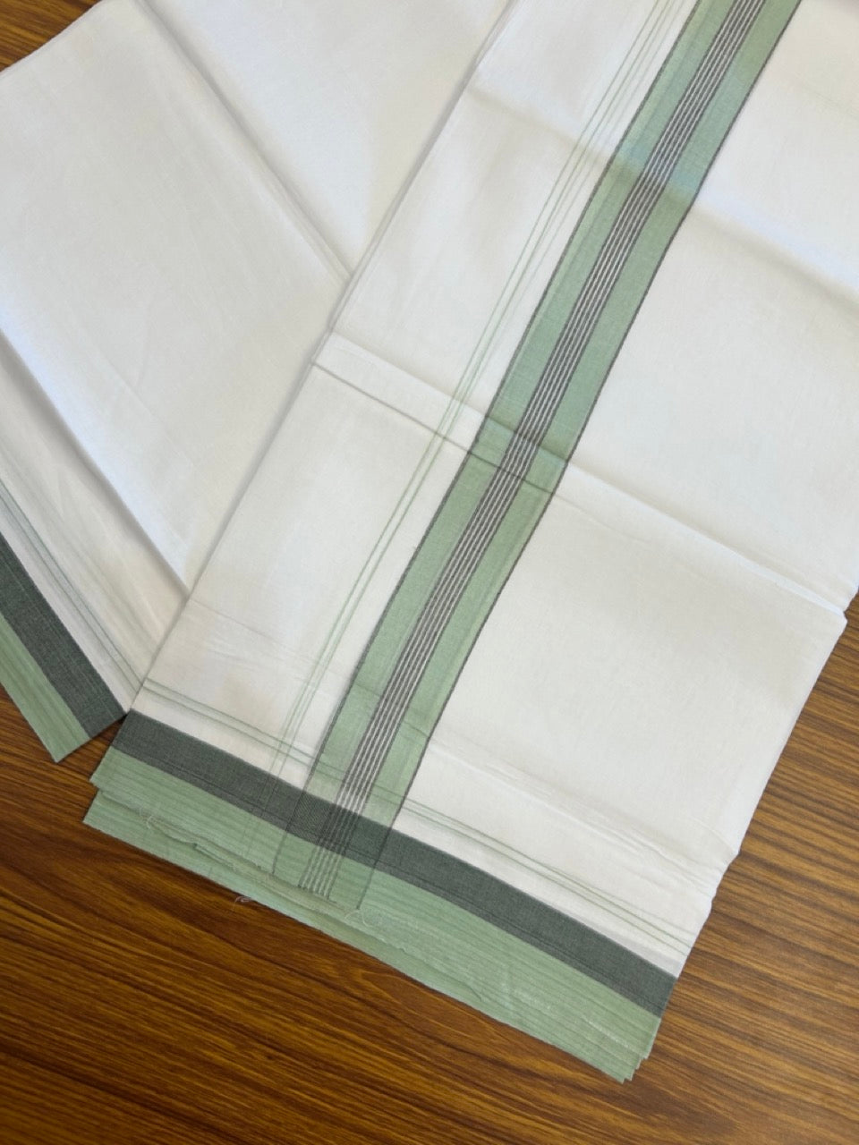 20% Discount! KaithariKada Balaramapuram 100% Cotton Double Pure white Mundu/Dhoti- 100X80 - 1.5 inch Mint Green & Ash Black striped Shaded kara - 3.90mtr ( 8 muzham) - 21 KK5280 VIN