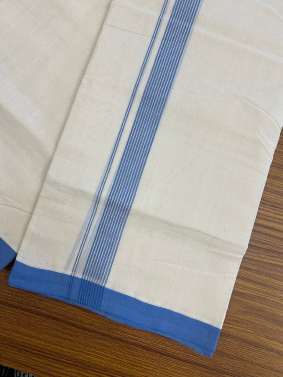 25% Discount ! KaithariKada Handloom Millpaav Balaramapuram - 100% PURE Cotton OFF White (Unbleached) Double Mundu/Dothi - 80x90 - 1 inch Blue Striped Kara 4 Meters (8.5 Muzham) - 28 KK5256 RAM