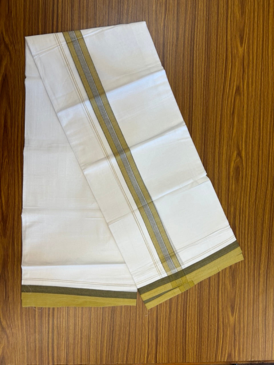 20% Discount! KaithariKada Balaramapuram 100% Cotton Double Pure white Mundu/Dhoti- 100X80 - 1.5 inch Mustard Yellow & Ash Black striped Shaded kara - 3.90mtr ( 8 muzham) - 27 KK5280 VIN