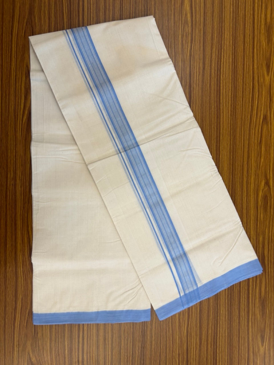 25% Discount ! KaithariKada Handloom Millpaav Balaramapuram - 100% PURE Cotton OFF White (Unbleached) Double Mundu/Dothi - 80x90 - 1.25 inch Blue Shaded Striped Kara 4 Meters (8.5 Muzham) - 29 KK5256 RAM