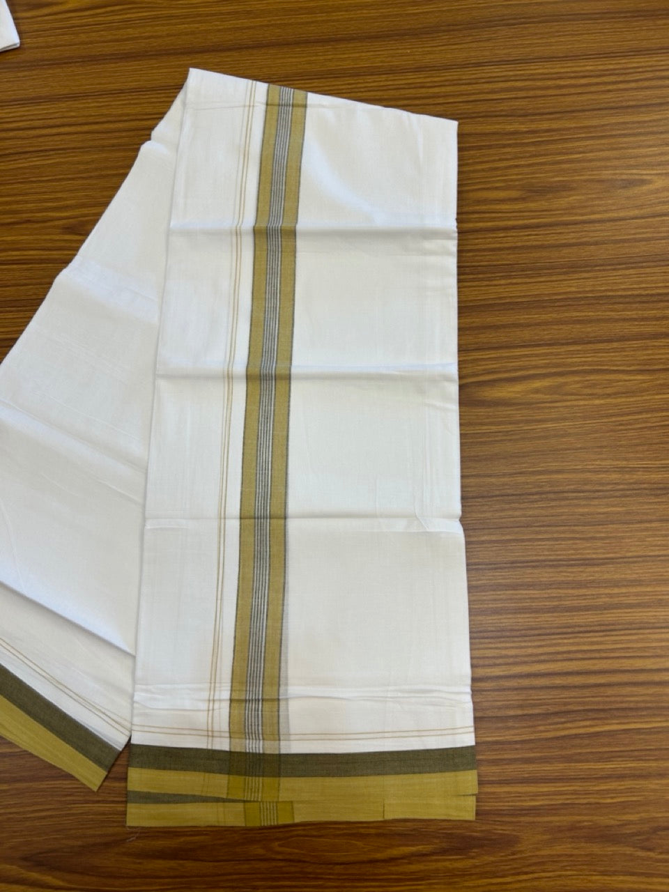 20% Discount! KaithariKada Balaramapuram 100% Cotton Double Pure white Mundu/Dhoti- 100X80 - 1.5 inch Mustard Yellow & Ash Black striped Shaded kara - 3.90mtr ( 8 muzham) - 27 KK5280 VIN