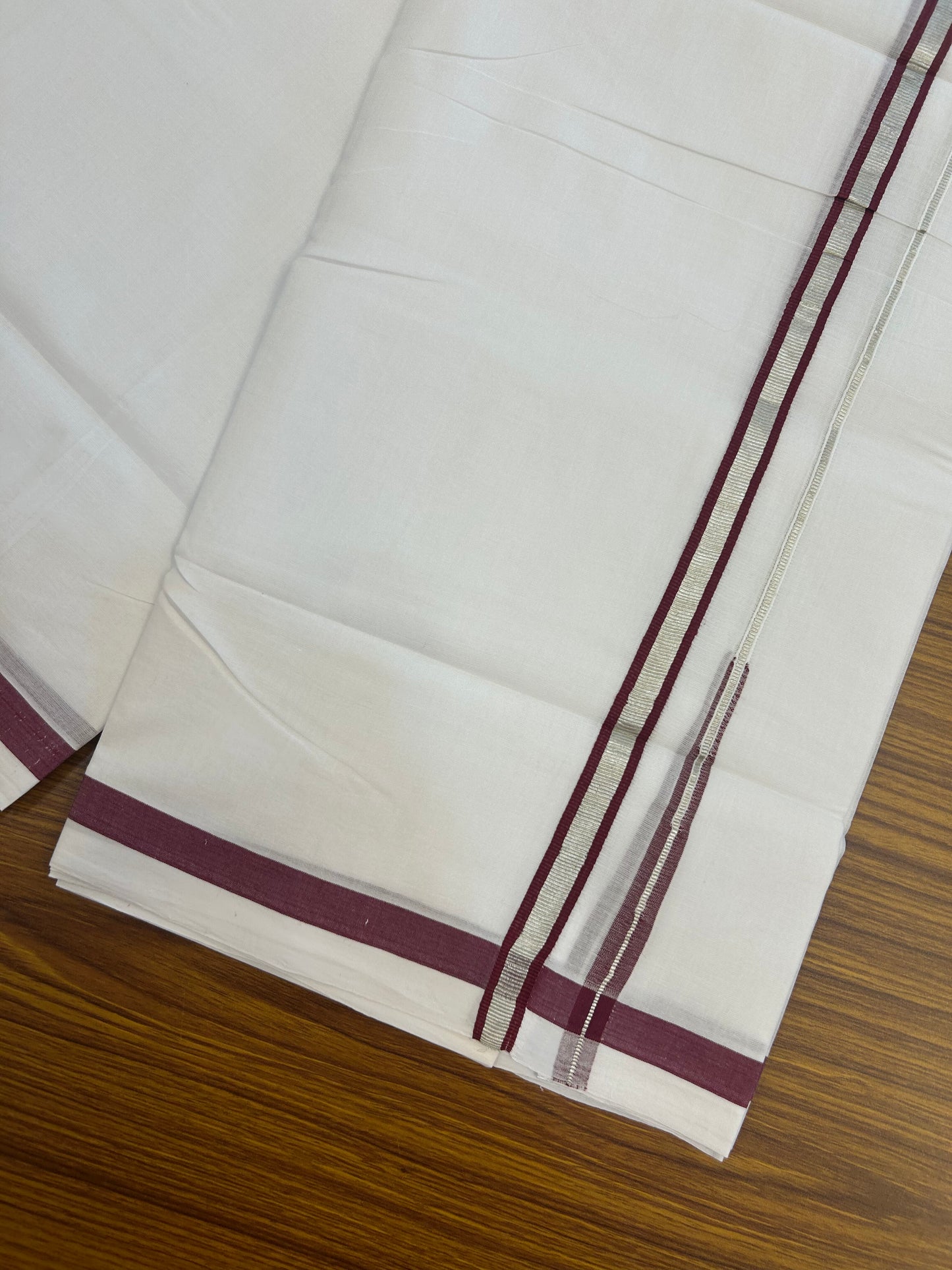 25% Discount ! KaithariKada Handloom Millpaav - Kerala Handloom - 100% Pure Cotton Double Mundu/Dhoti Pure white - 80x90 - 1.5 cm Silver Kasav & Maroon Puliyilakkara Chutty 3.80 mtr (8 Muzham) - 21 KK5369 YAR